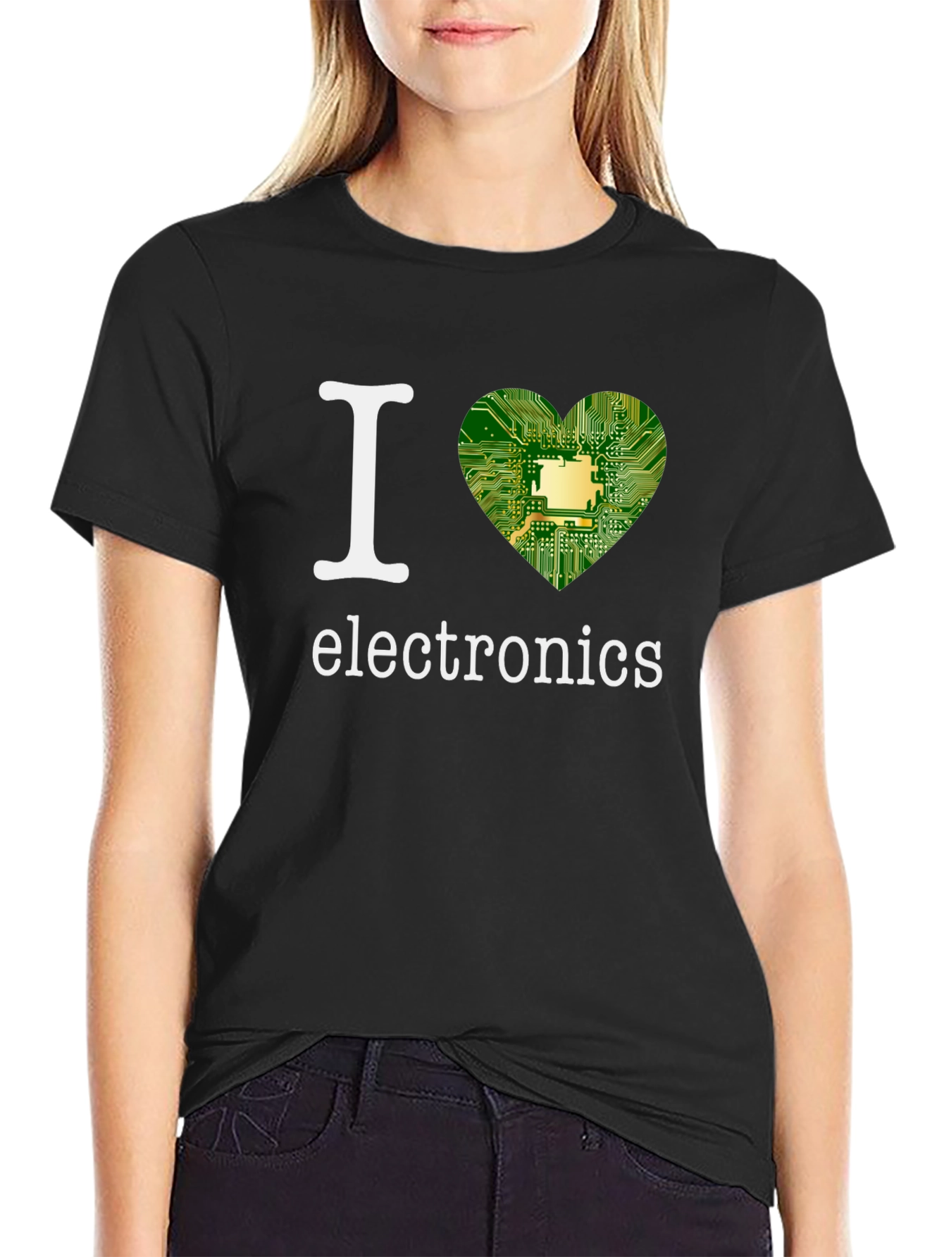 Black I Heart Electronics T-Shirt - Circuit Board Design view 2