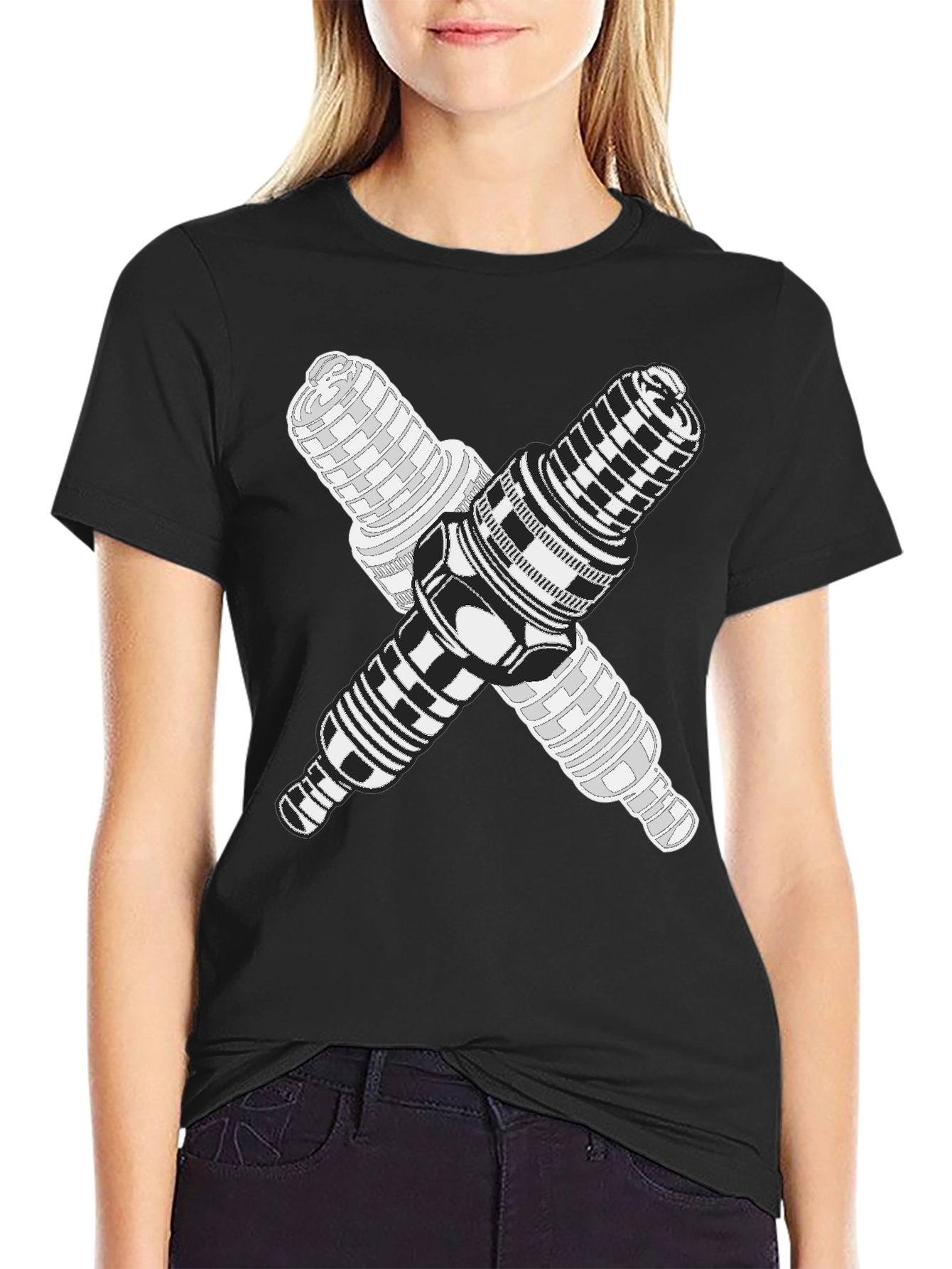 Black Crossed Spark Plugs Graphic Tee - Black Cotton Blend view 2