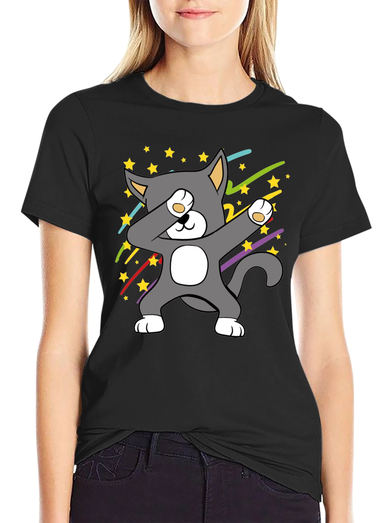 Black Dabbing Cat T-Shirt - Cool Graphic Tee view 2