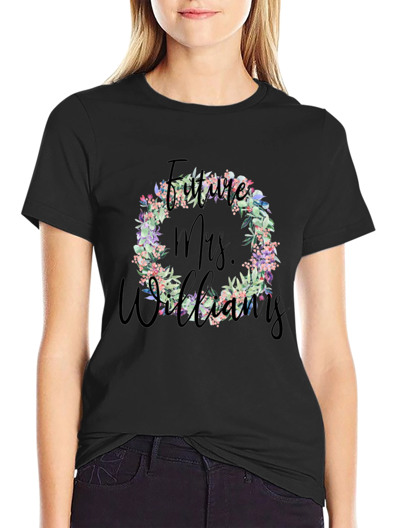 Black Future Mrs. Williams Floral Wreath T-Shirt view 2