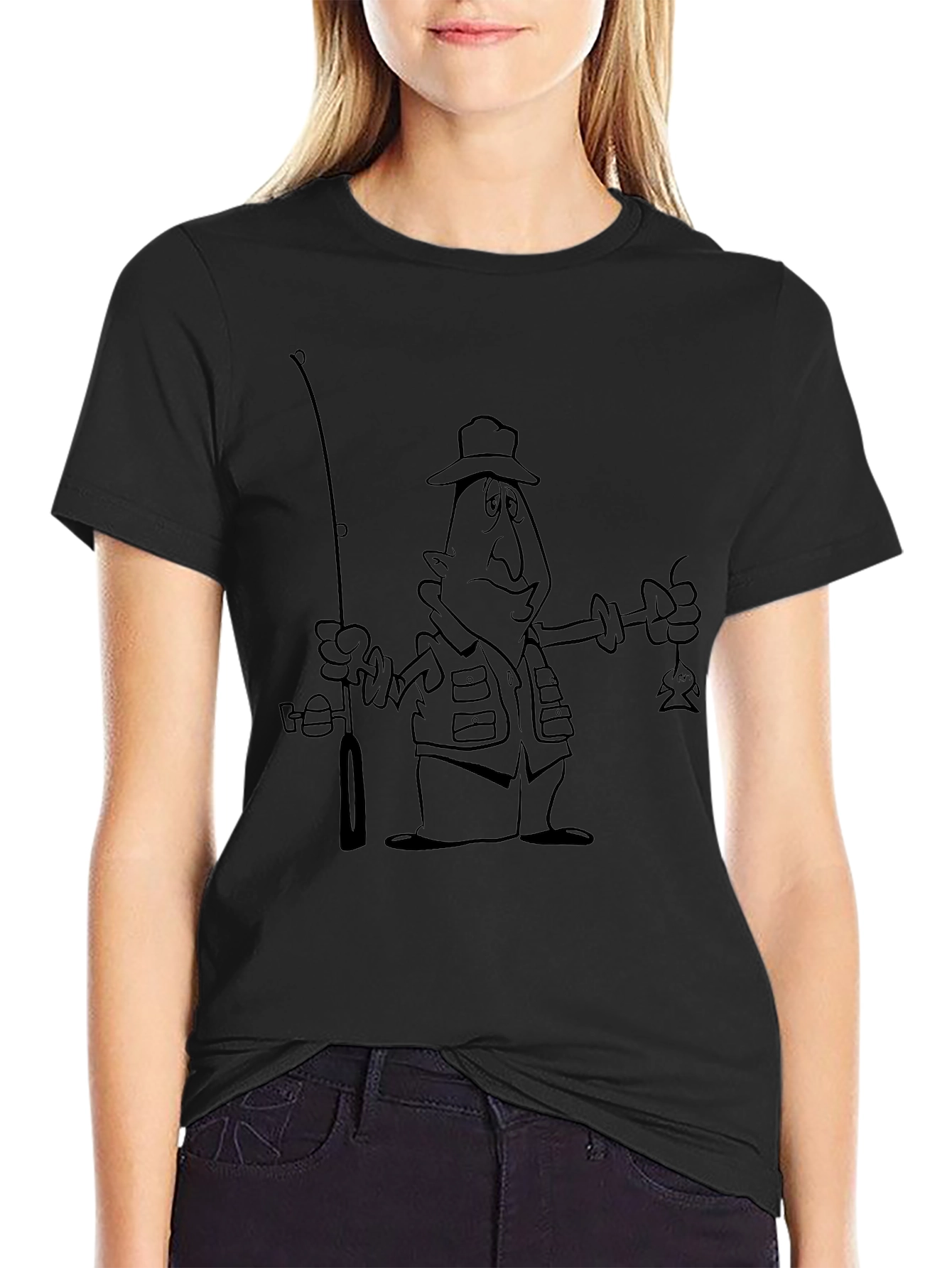 Black Cartoon Fisherman Black T-Shirt view 2
