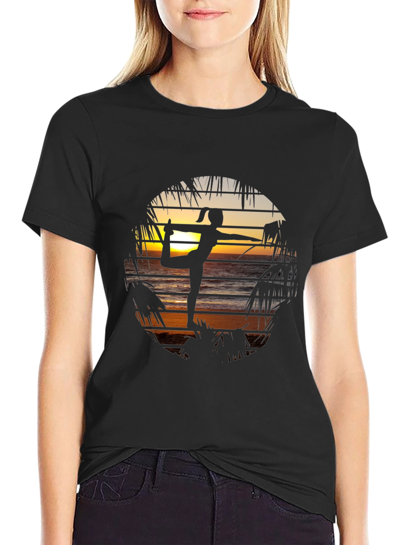 Black Yoga Sunset Graphic Tee - Zen Beach Vibes T-Shirt view 2