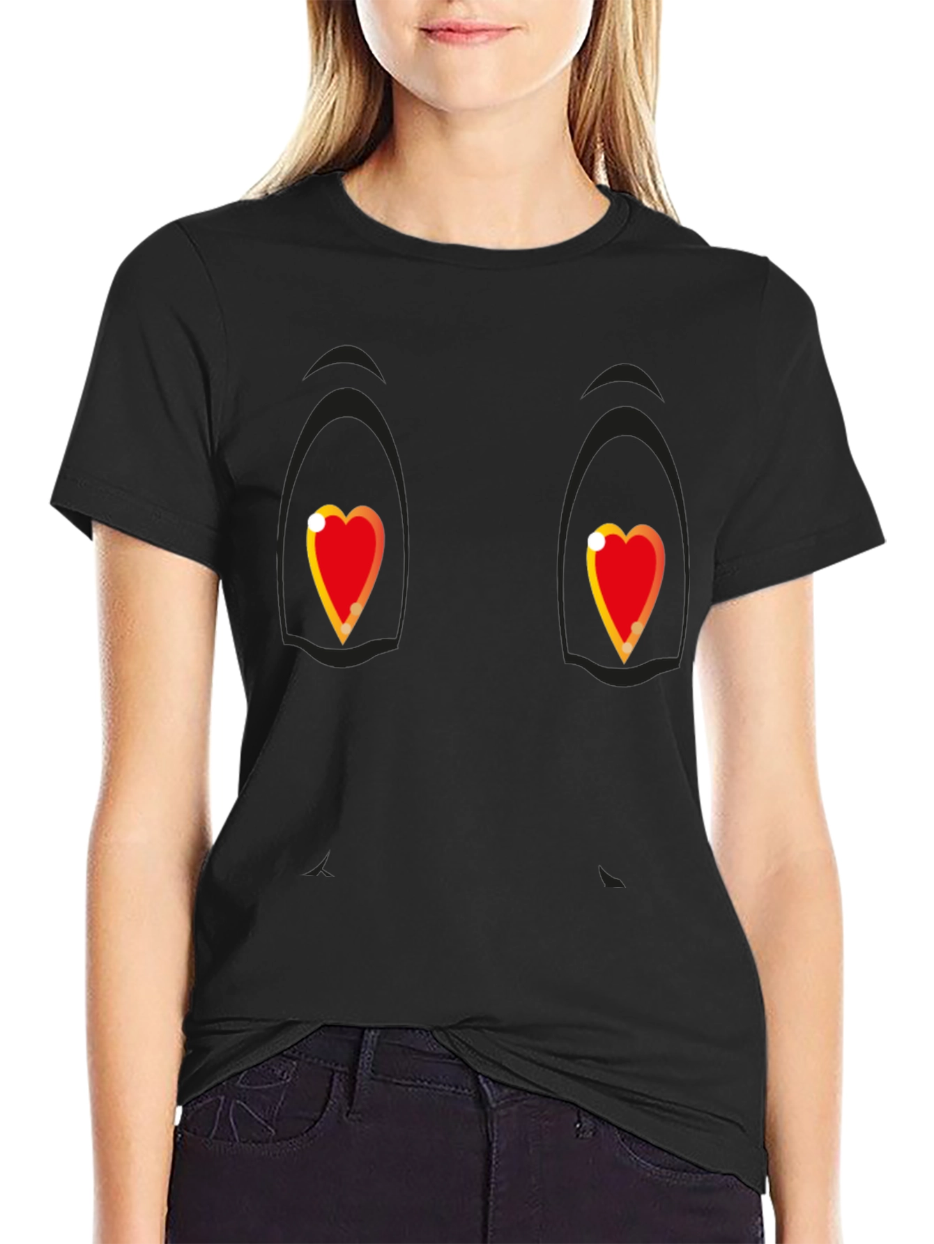Black Heart Eyes Cartoon Graphic Black T-Shirt view 2