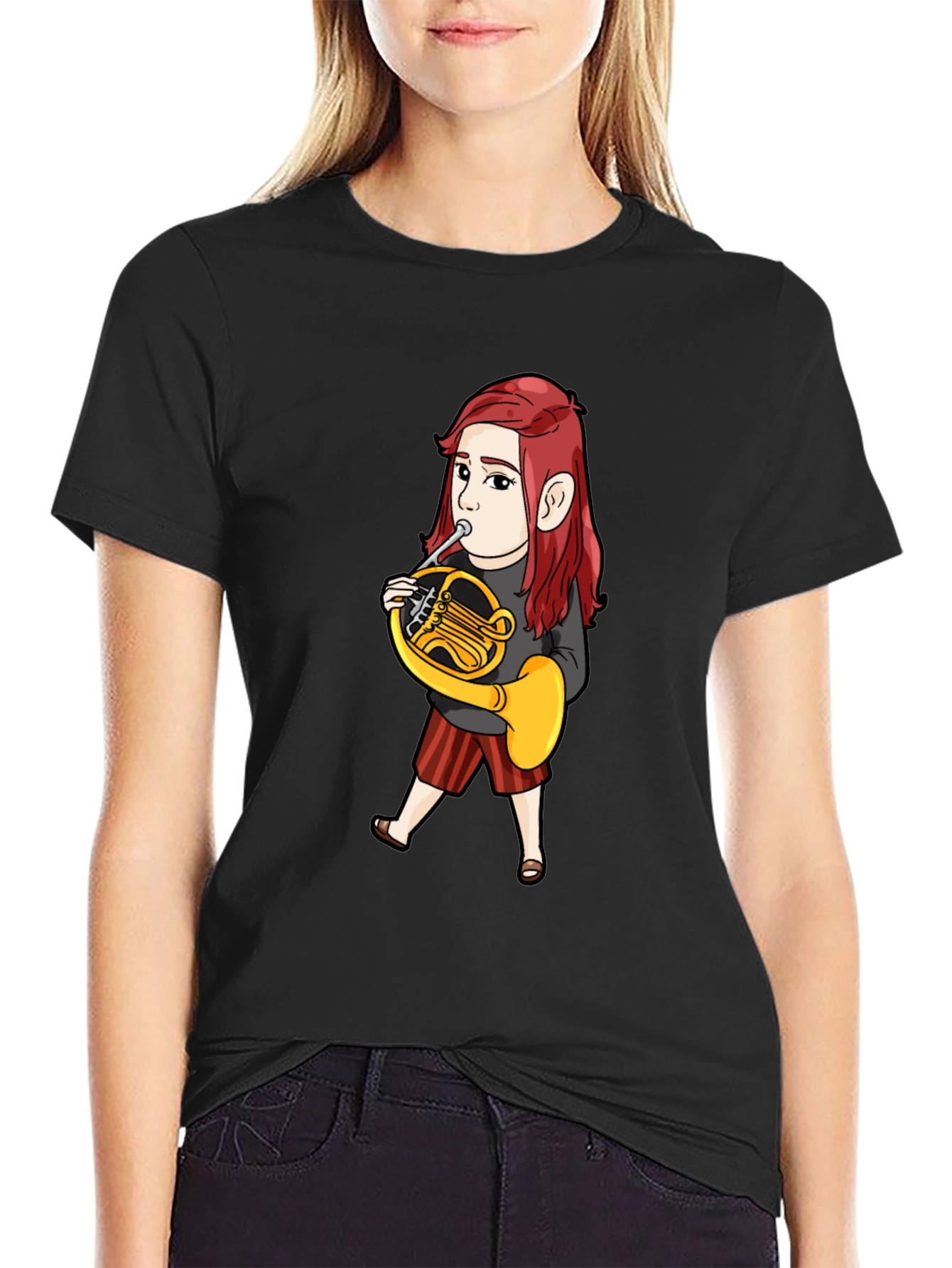Black French Horn Player Cartoon T-Shirt view 2