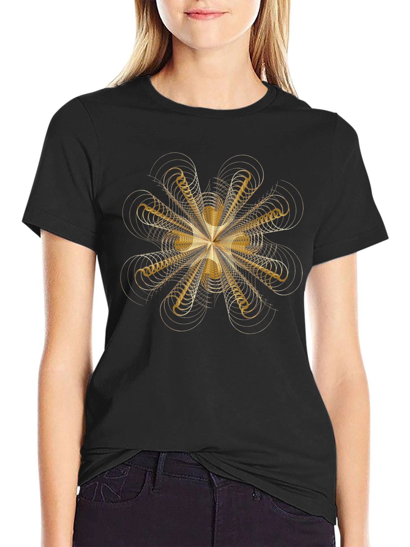 Black Geometric Gold Pattern Black T-Shirt view 2