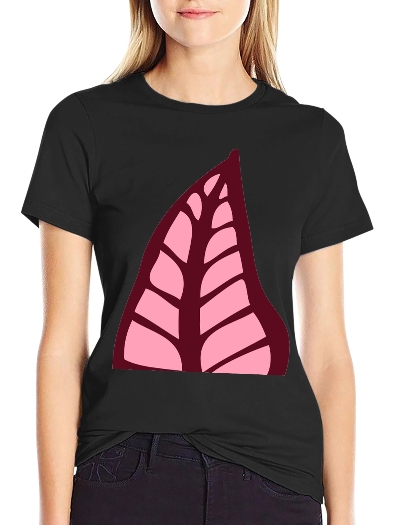 Black Leaf Print Black T-Shirt view 2