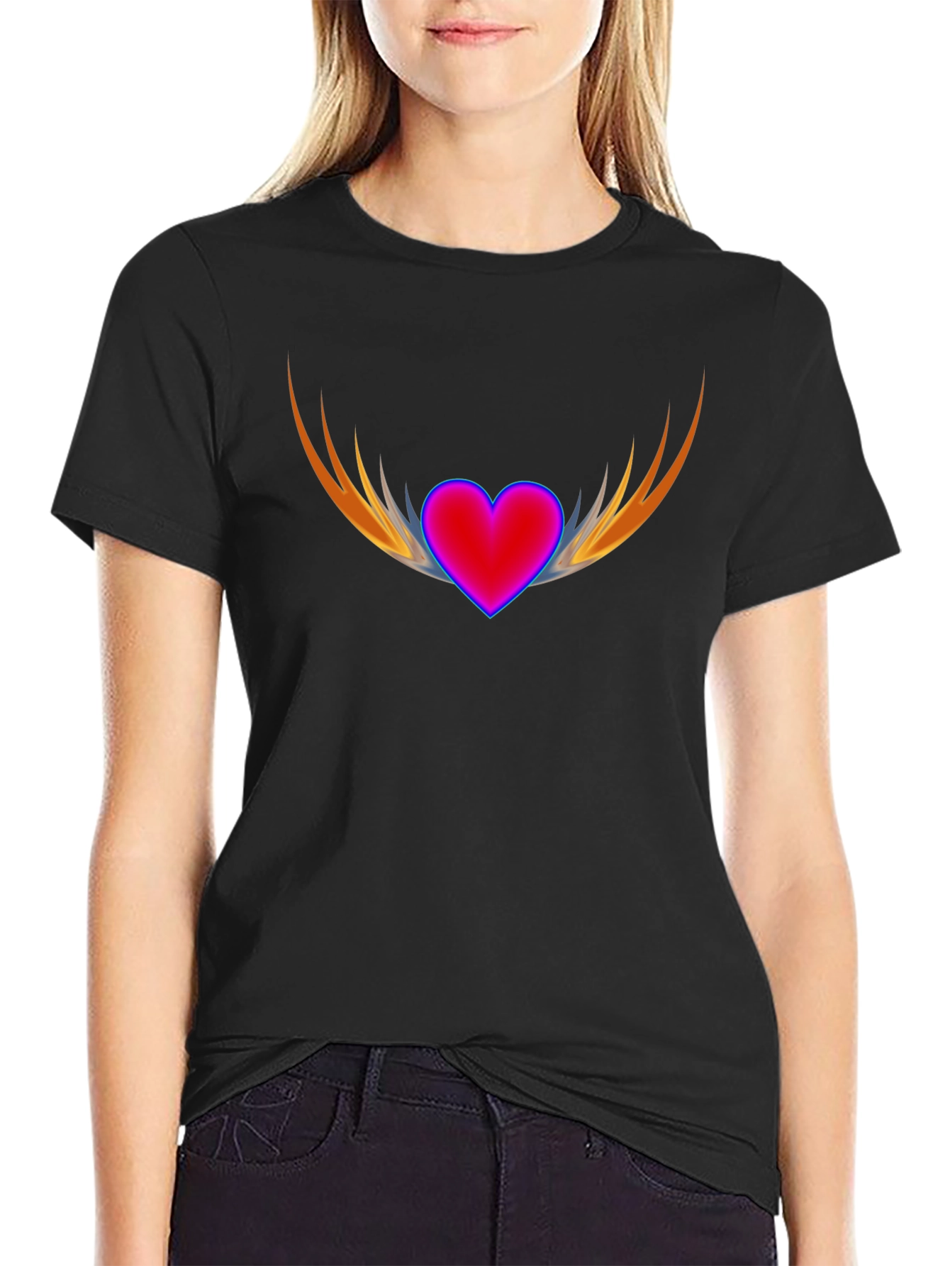 Black Heart with Wings Graphic Black T-Shirt view 2