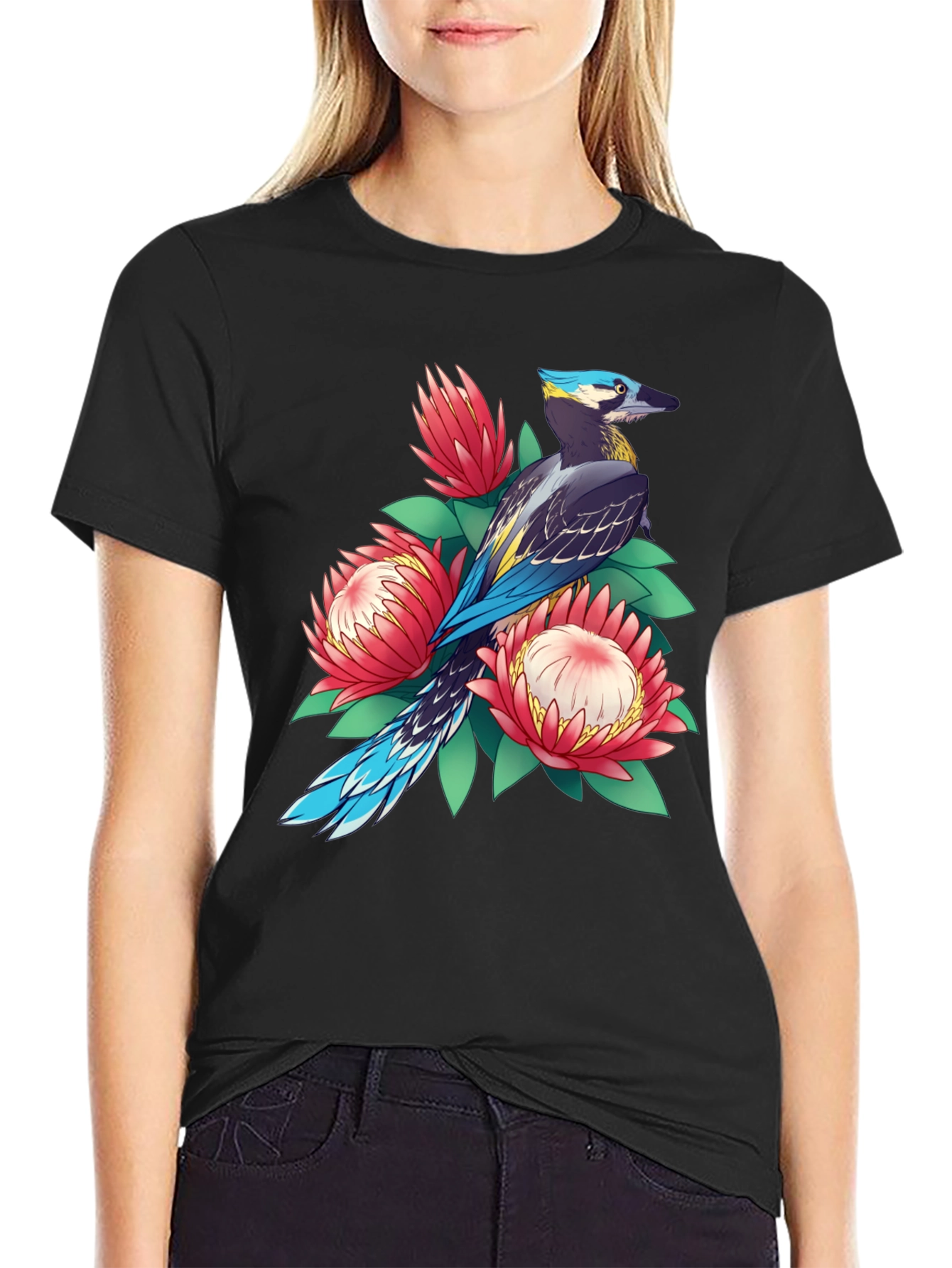 Black Bird & Floral Print T-Shirt - Casual Style view 2