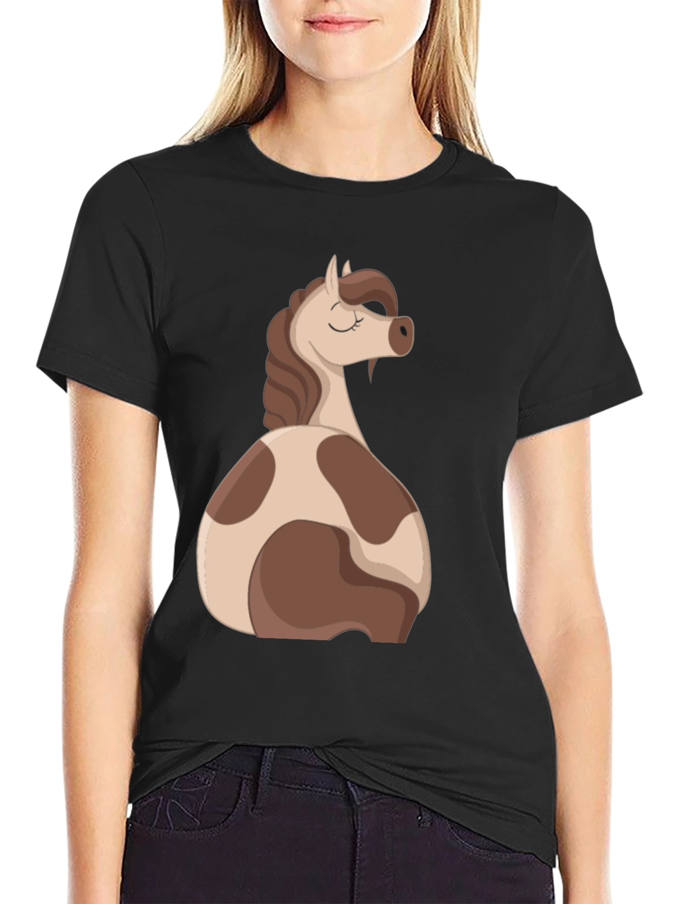 Black Horse Cartoon Graphic Black T-Shirt view 2