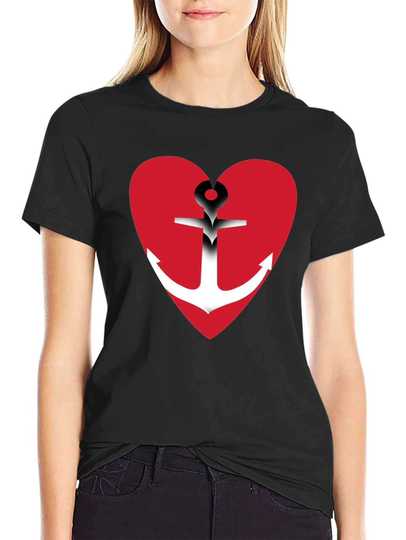 Black Anchor Heart Graphic T-Shirt - Black Cotton Blend view 2