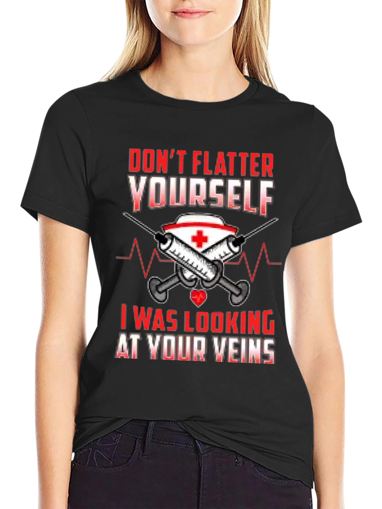 Black Funny Nurse Veins T-Shirt - Don't Flatter Yourself view 2