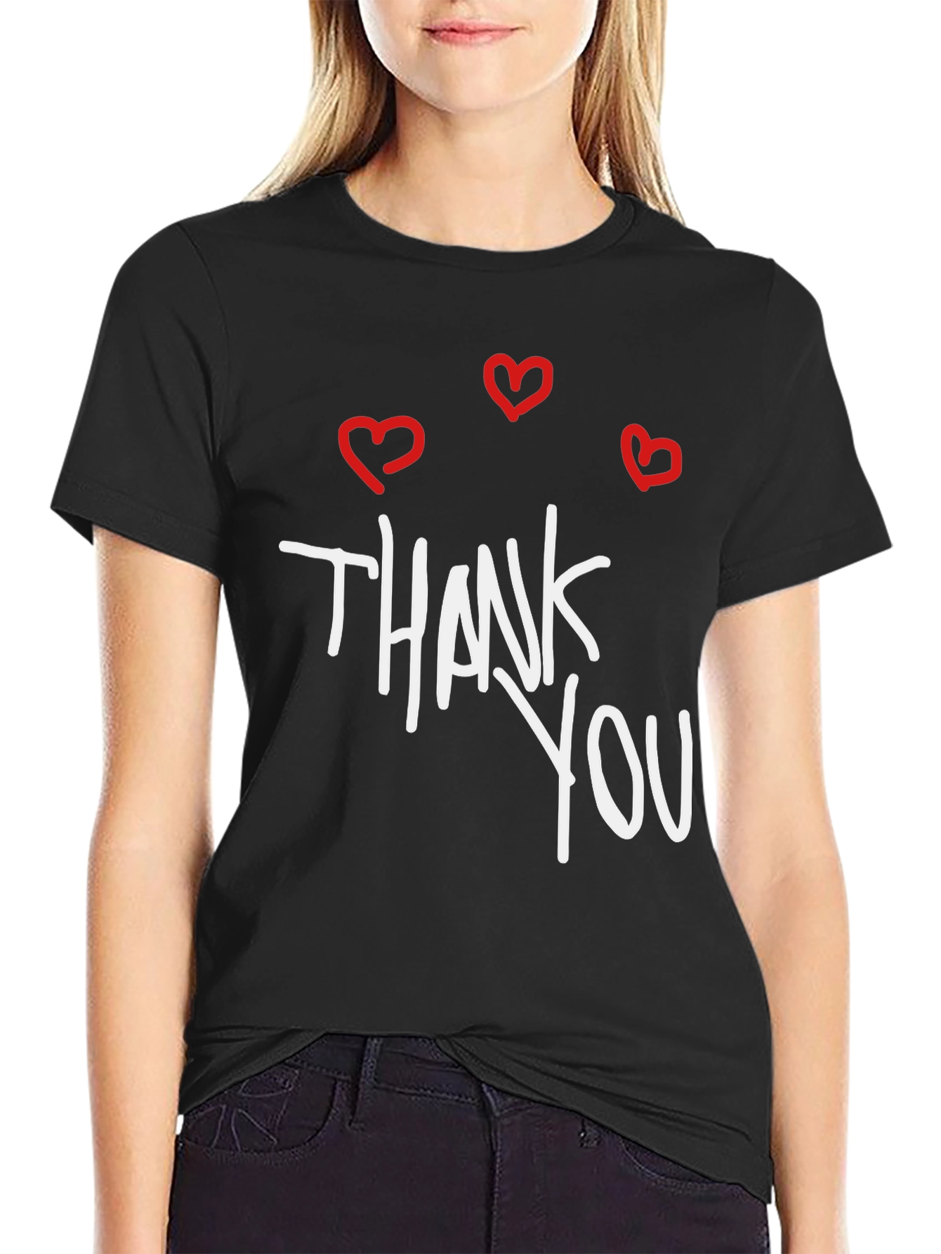 Black Thank You Hearts Graphic Tee - Casual Black T-Shirt view 2