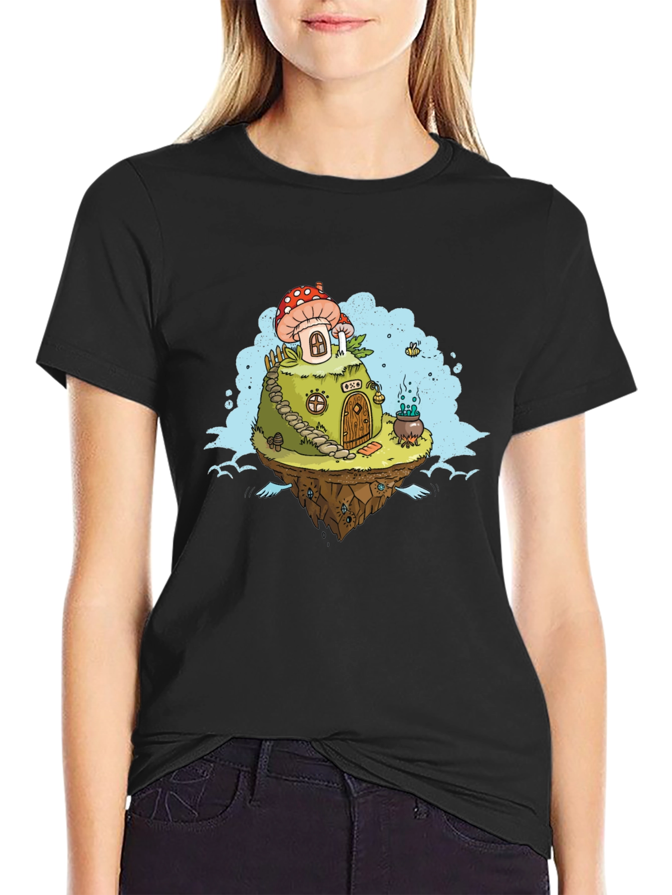 Black Mushroom House Island Graphic Tee - Whimsical Fantasy Design view 2