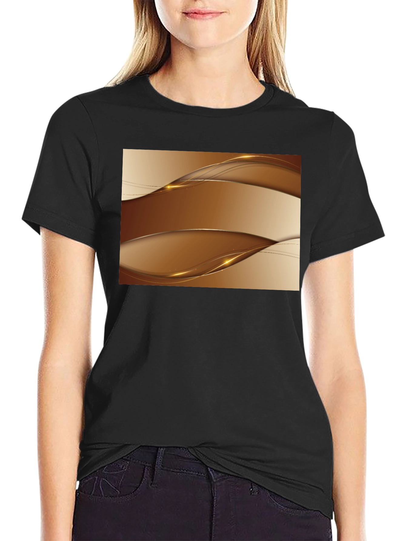 Black Stylish Abstract Wave Design Black T-Shirt view 2