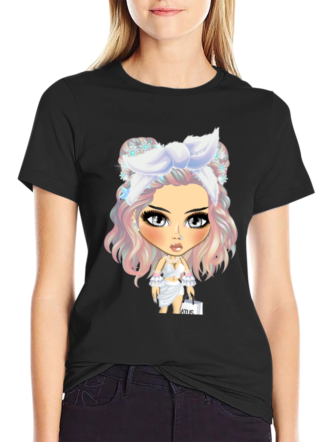 Black Stylish Graphic Tee - Cartoon Character view 2