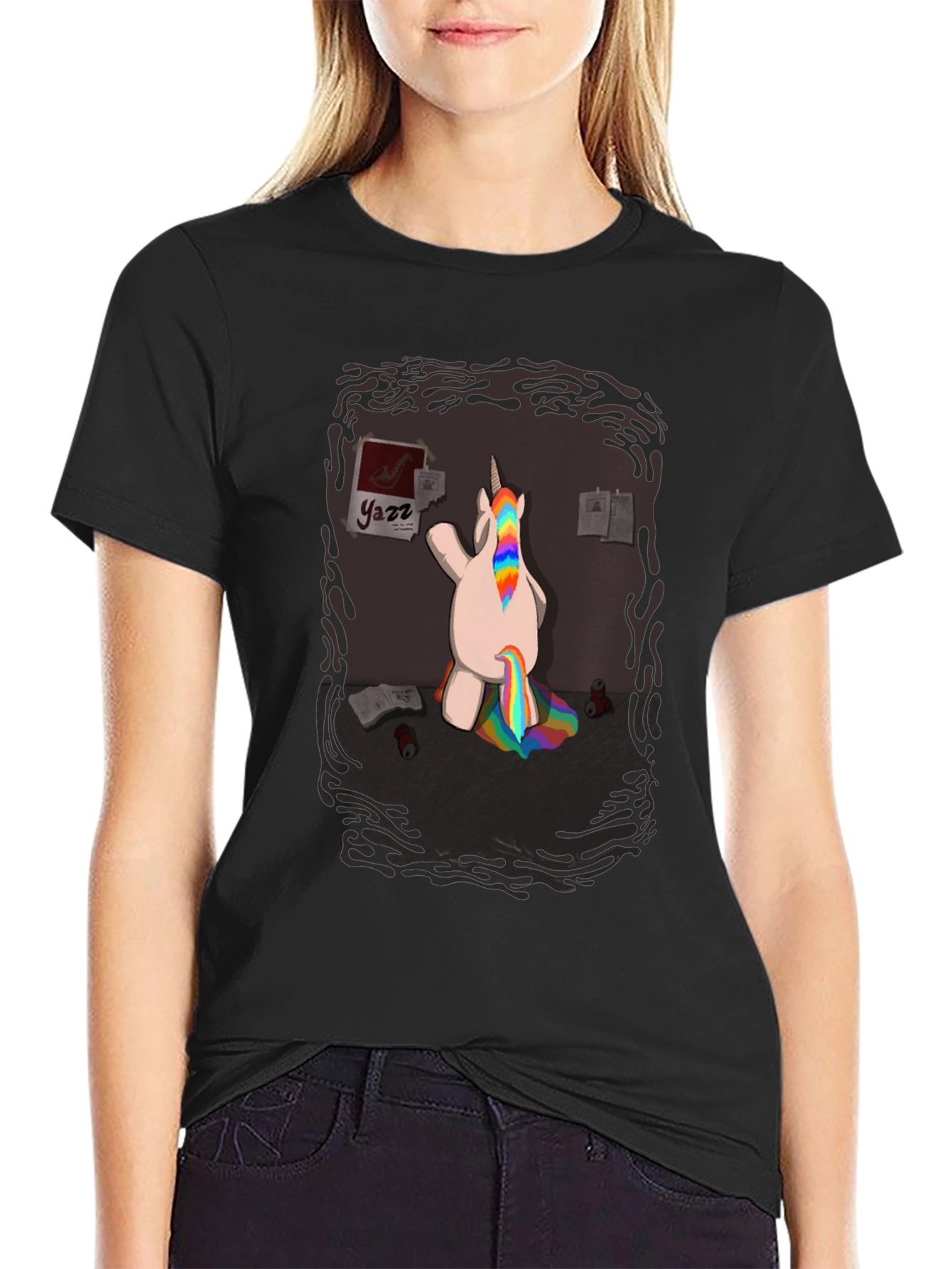 Black Funny Unicorn Rainbow Poop T-Shirt - Quirky Graphic Tee view 2