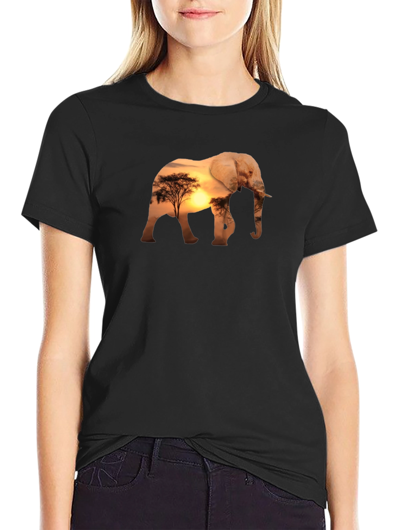 Black Elephant Sunset Graphic Tee - Black Cotton Comfort view 2