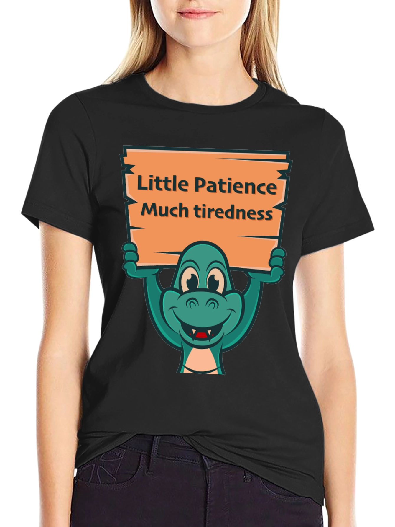 Black Funny Dinosaur Patience Tiredness Graphic Tee view 2