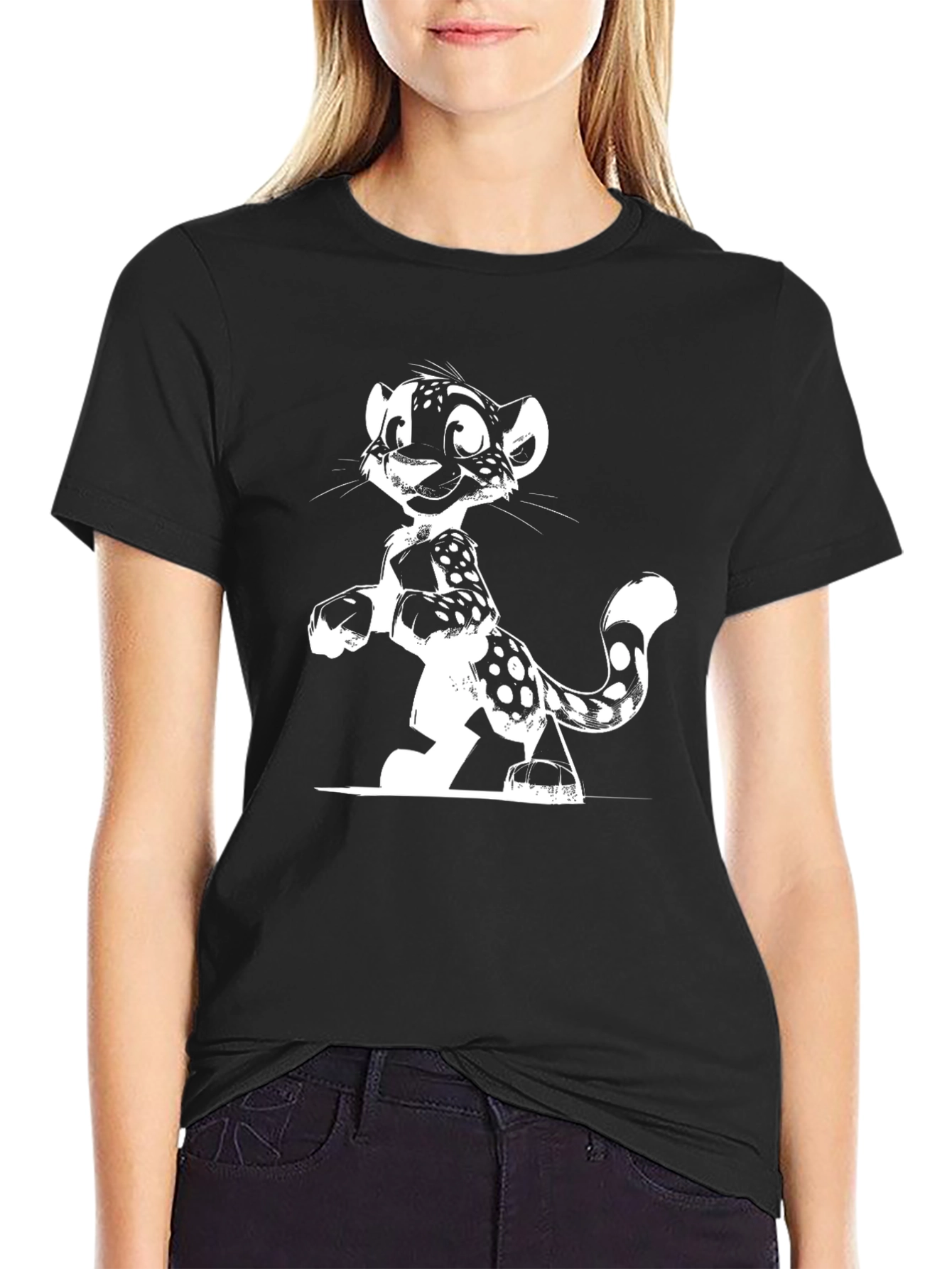 Black Cartoon Leopard Graphic Tee - Black view 2