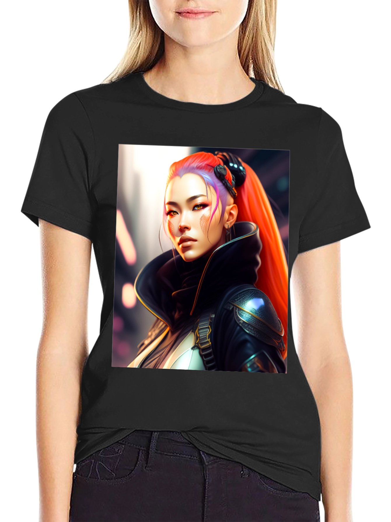 Black Cyberpunk Woman Portrait Graphic Tee - Stylish Cotton Blend Shirt view 2