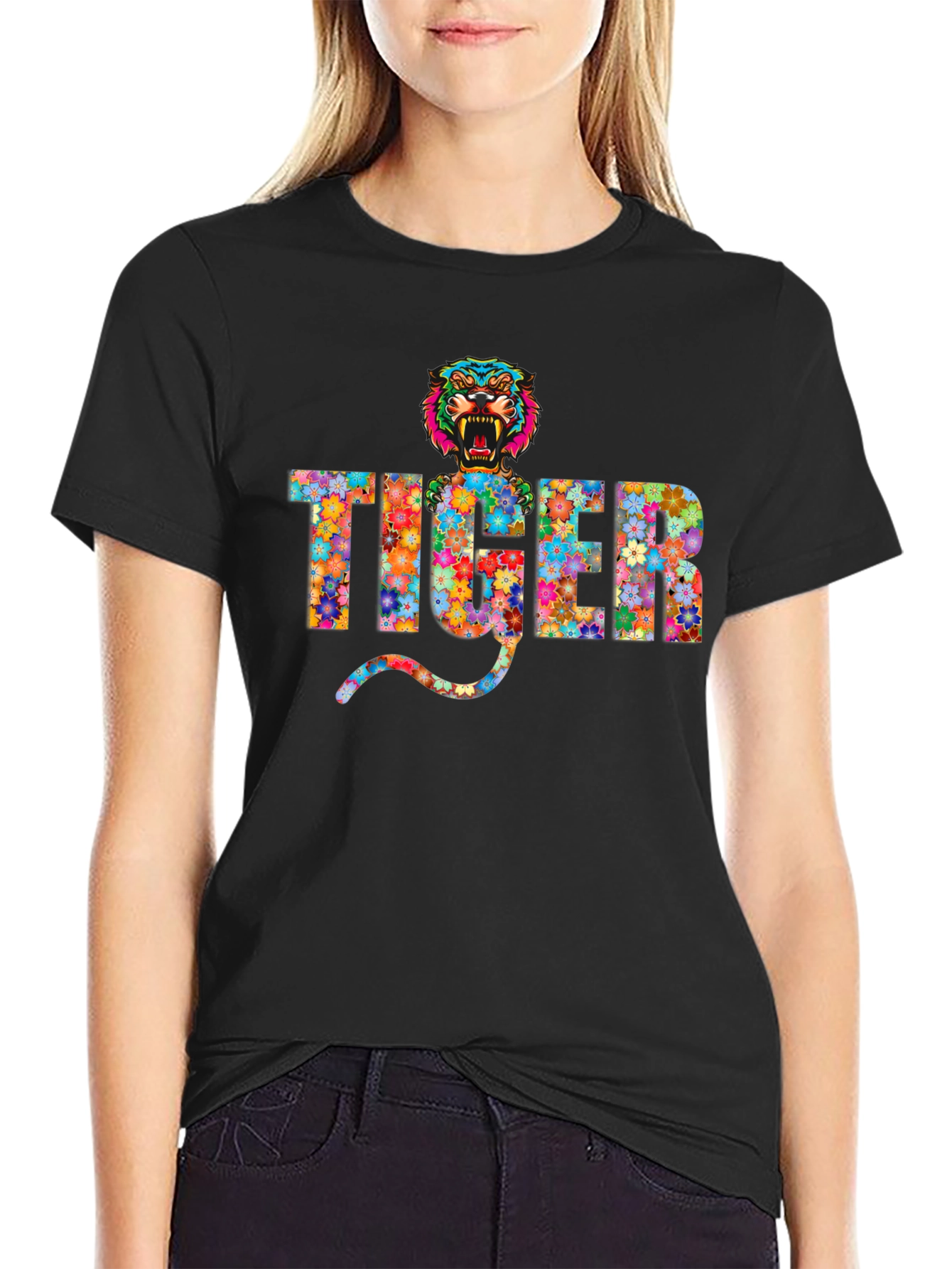 Black Floral Tiger Graphic T-Shirt view 2