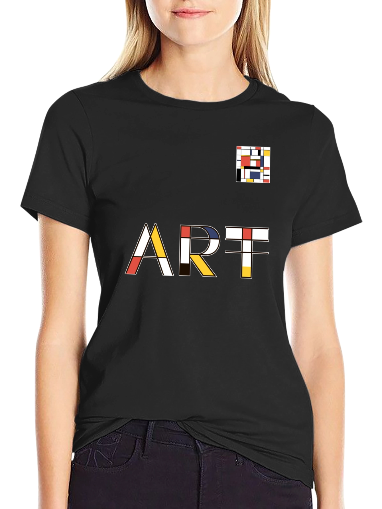 Black Mondrian Inspired Art T-Shirt - Modern Geometric Design view 2