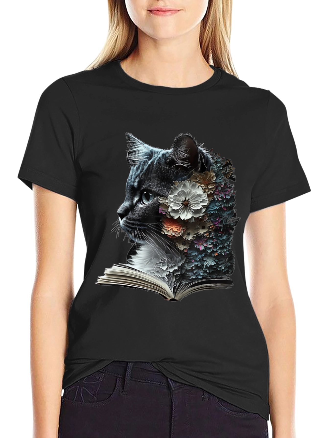 Black Floral Cat Reader Graphic T-Shirt view 2