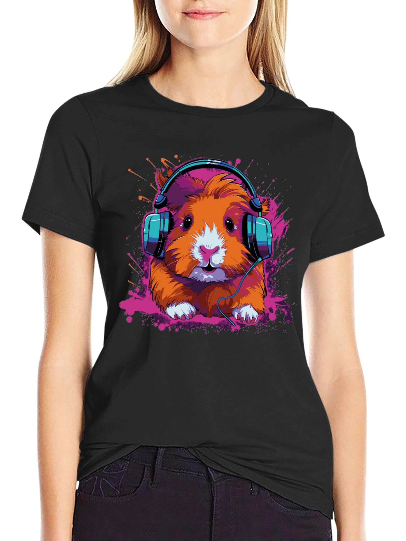 Black DJ Hamster Graphic Tee - Cool Animal T-Shirt view 2