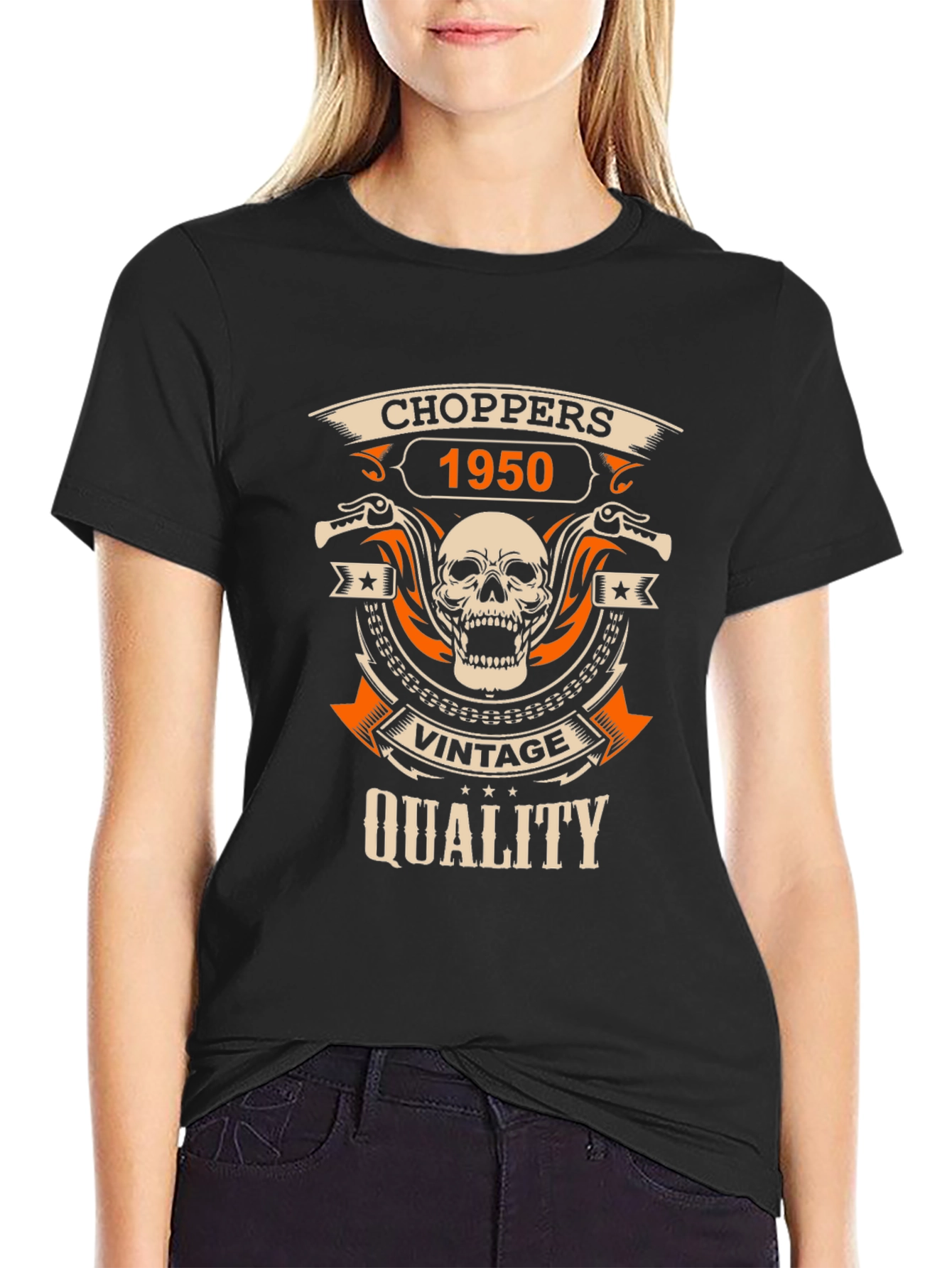 Black Vintage Choppers 1950 Quality Black T-Shirt view 2