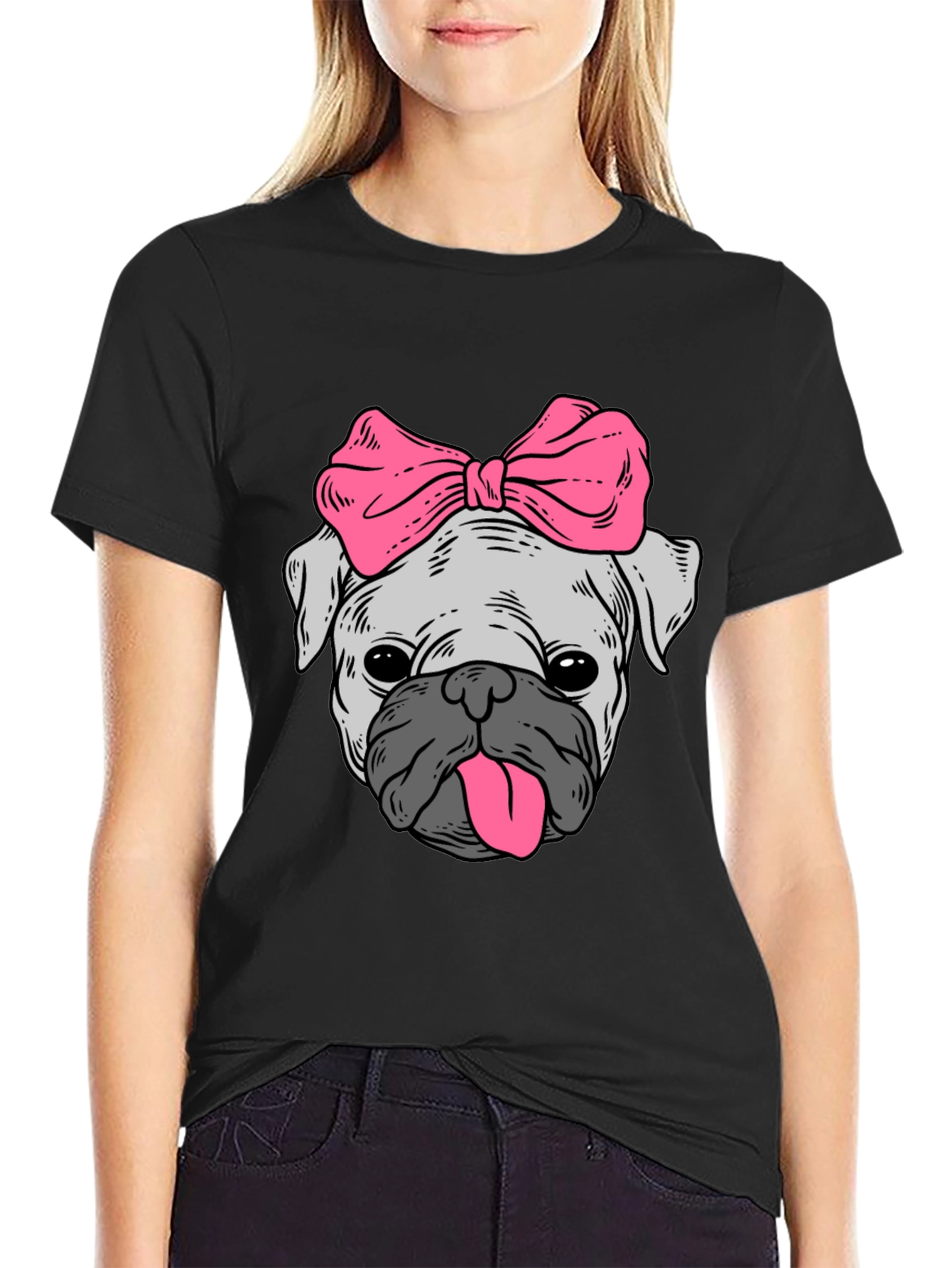 Black Cute Pug with Bow Graphic Tee - Unisex Black T-Shirt view 2