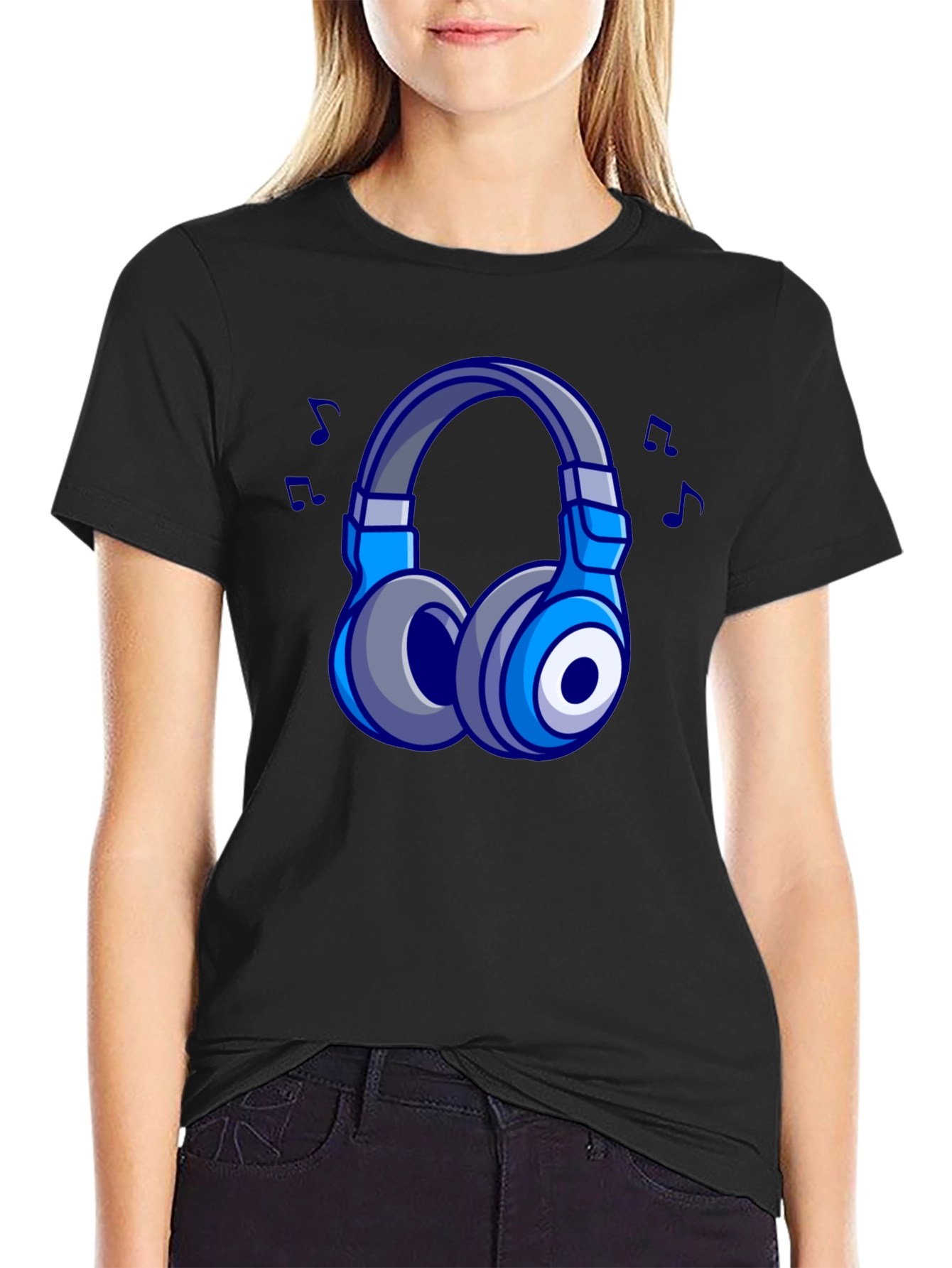Black Cool Cartoon Headphones Black T-Shirt view 2