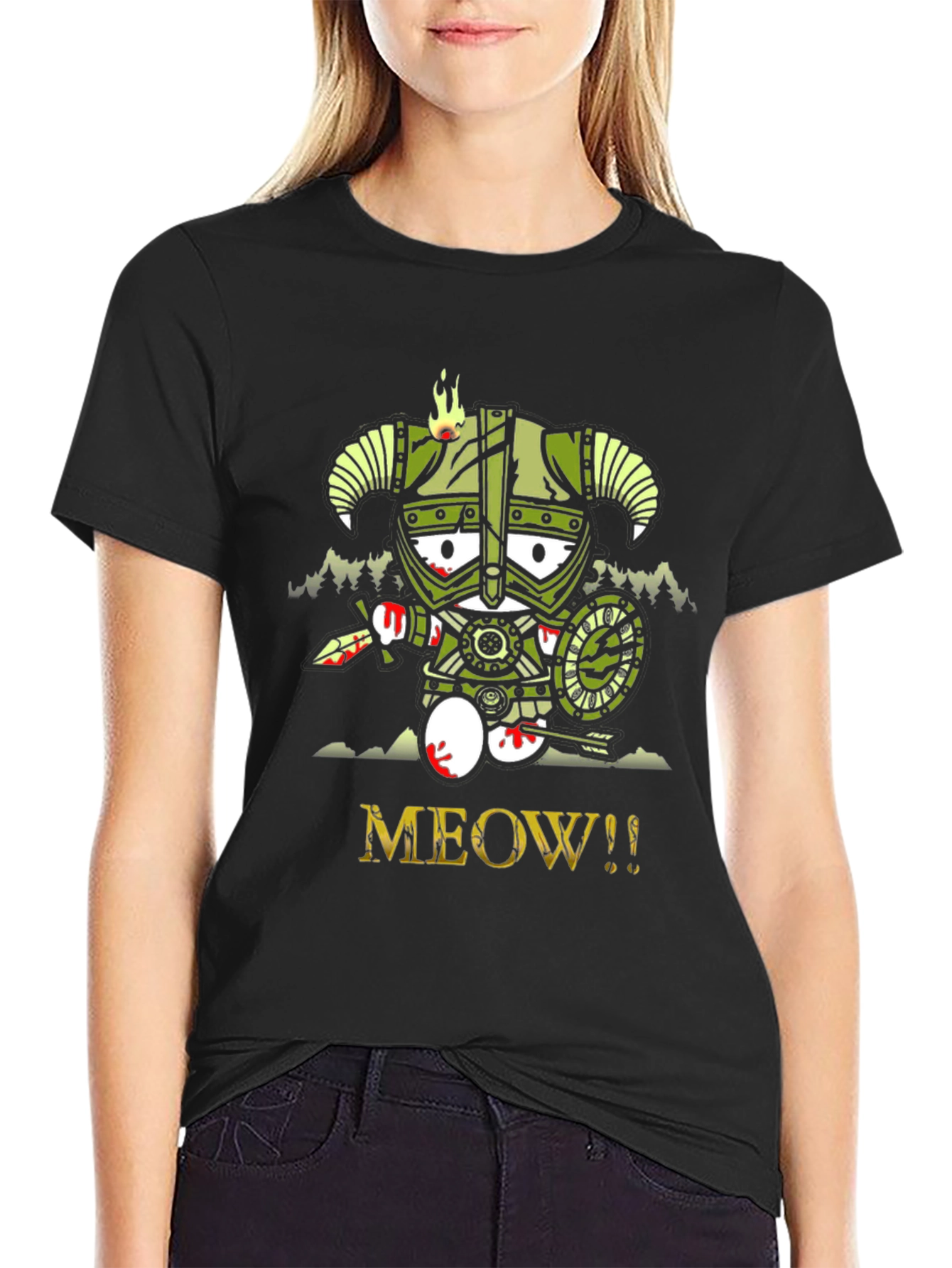 Black Meow Skyrim Cartoon Graphic T-Shirt view 2