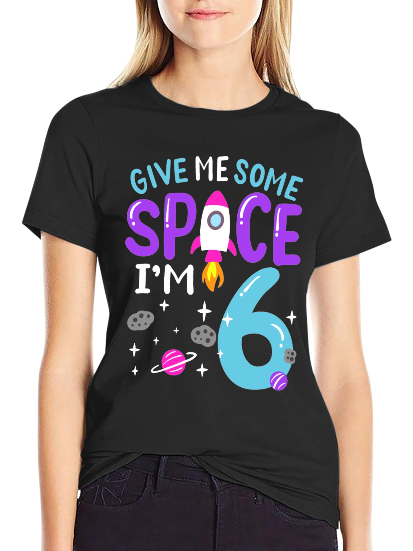 Black Give Me Some Space, I'm 6 Birthday T-Shirt view 2