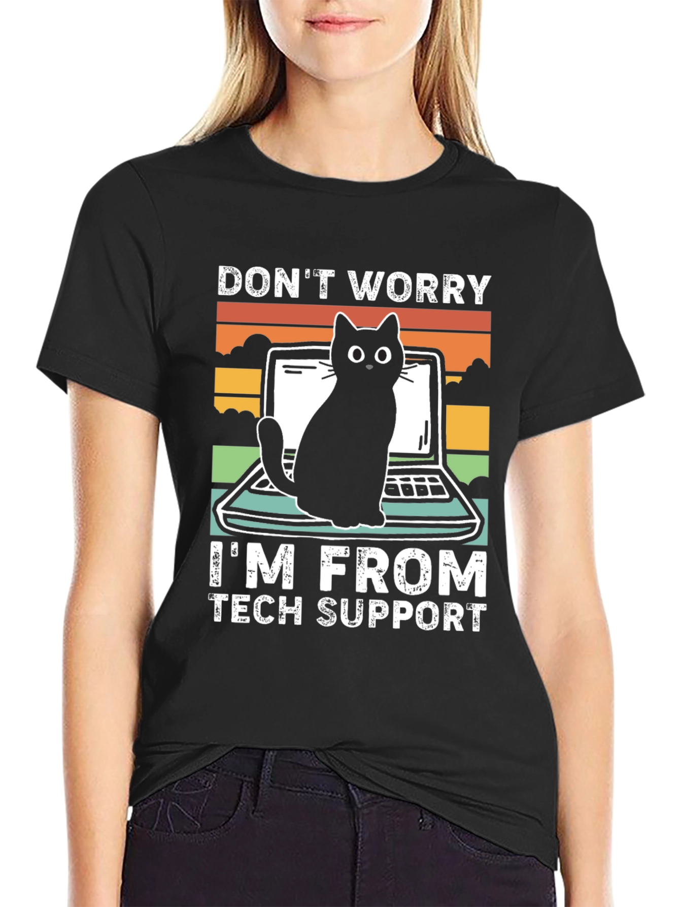 Black Tech Support Cat Graphic T-Shirt - Black view 2
