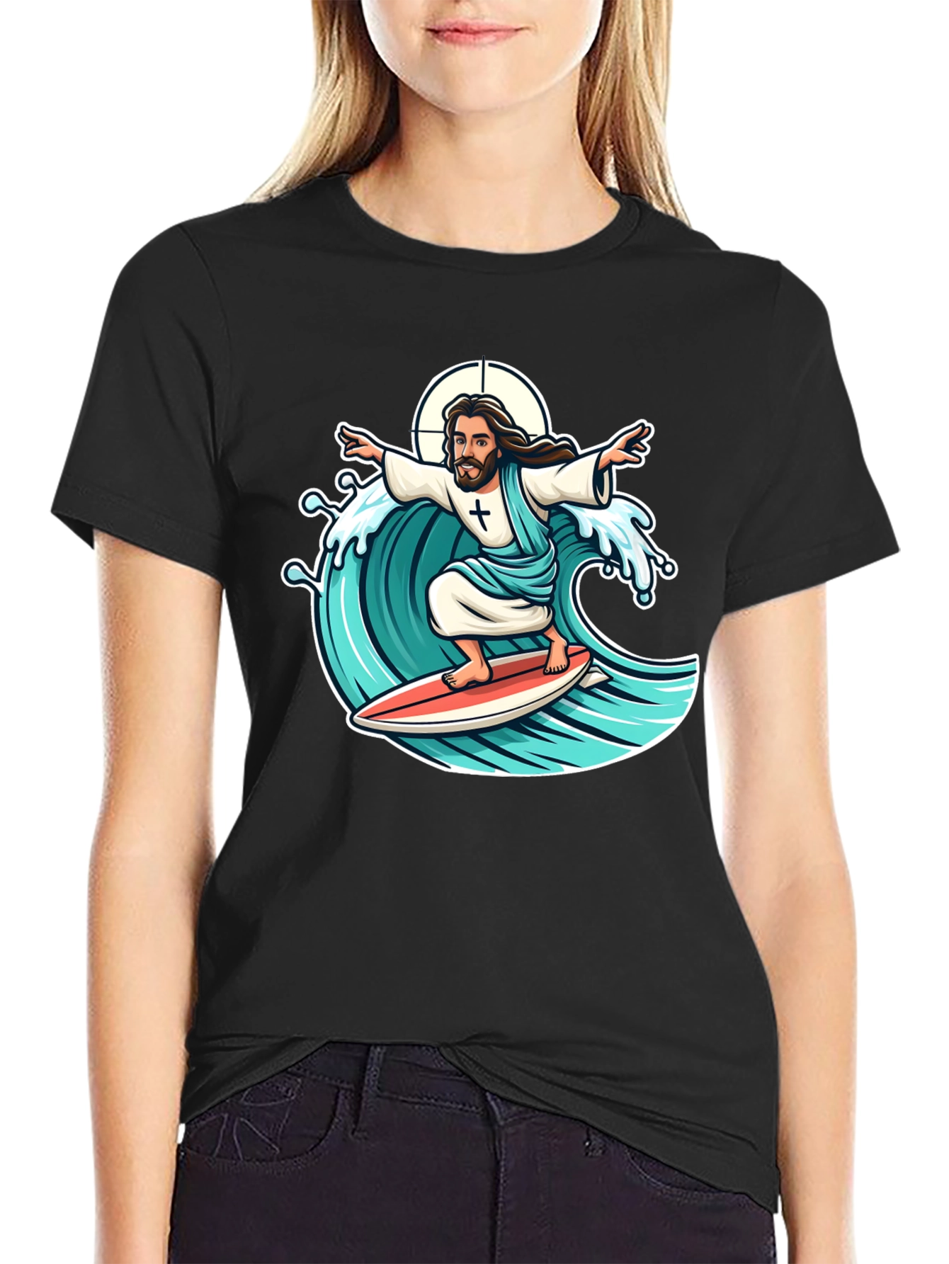 Black Surfing Jesus Graphic T-Shirt view 2