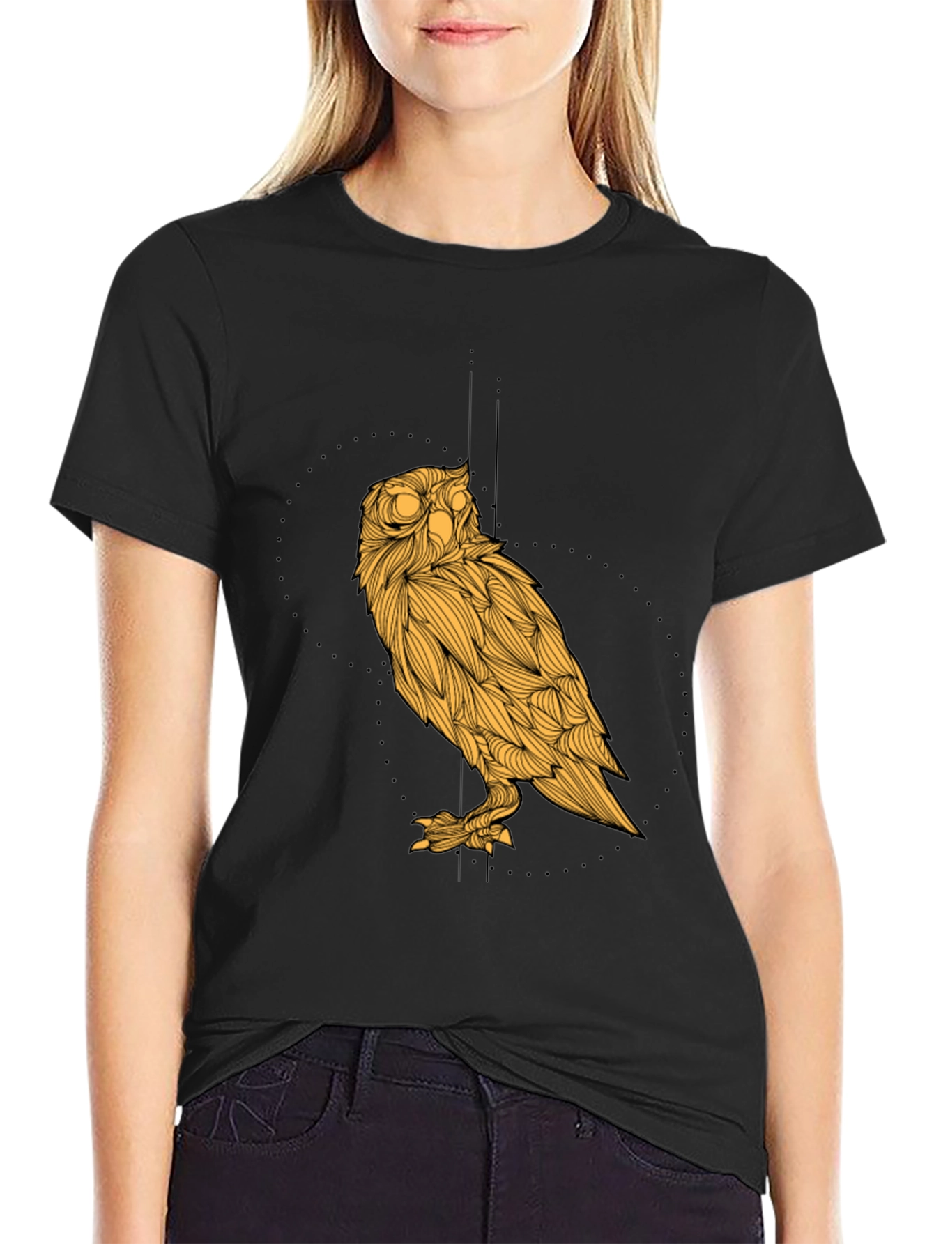 Black Men's Black T-Shirt with Golden Owl Graphic view 2