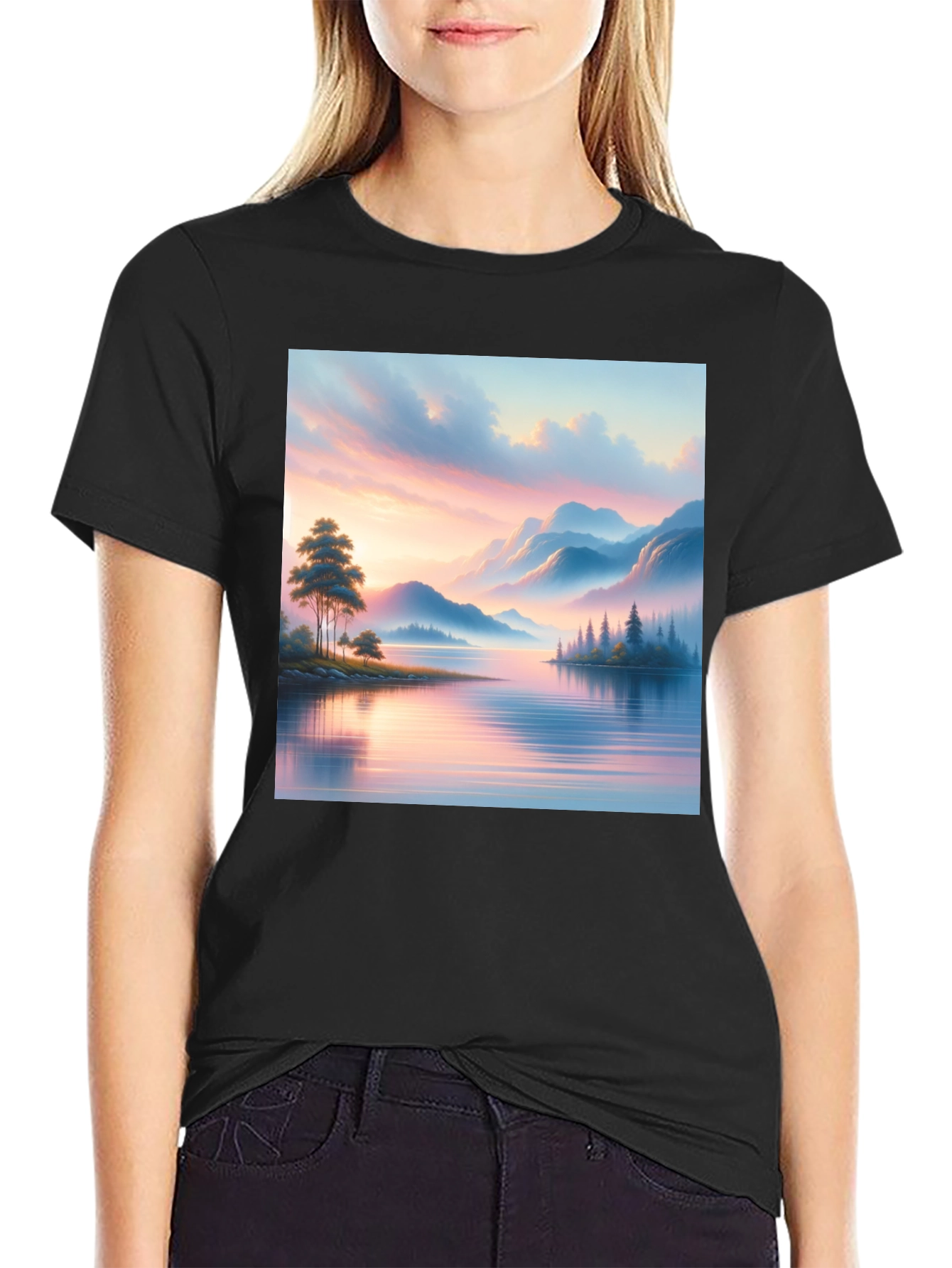 Black Scenic Lake View Graphic Tee - Black view 2