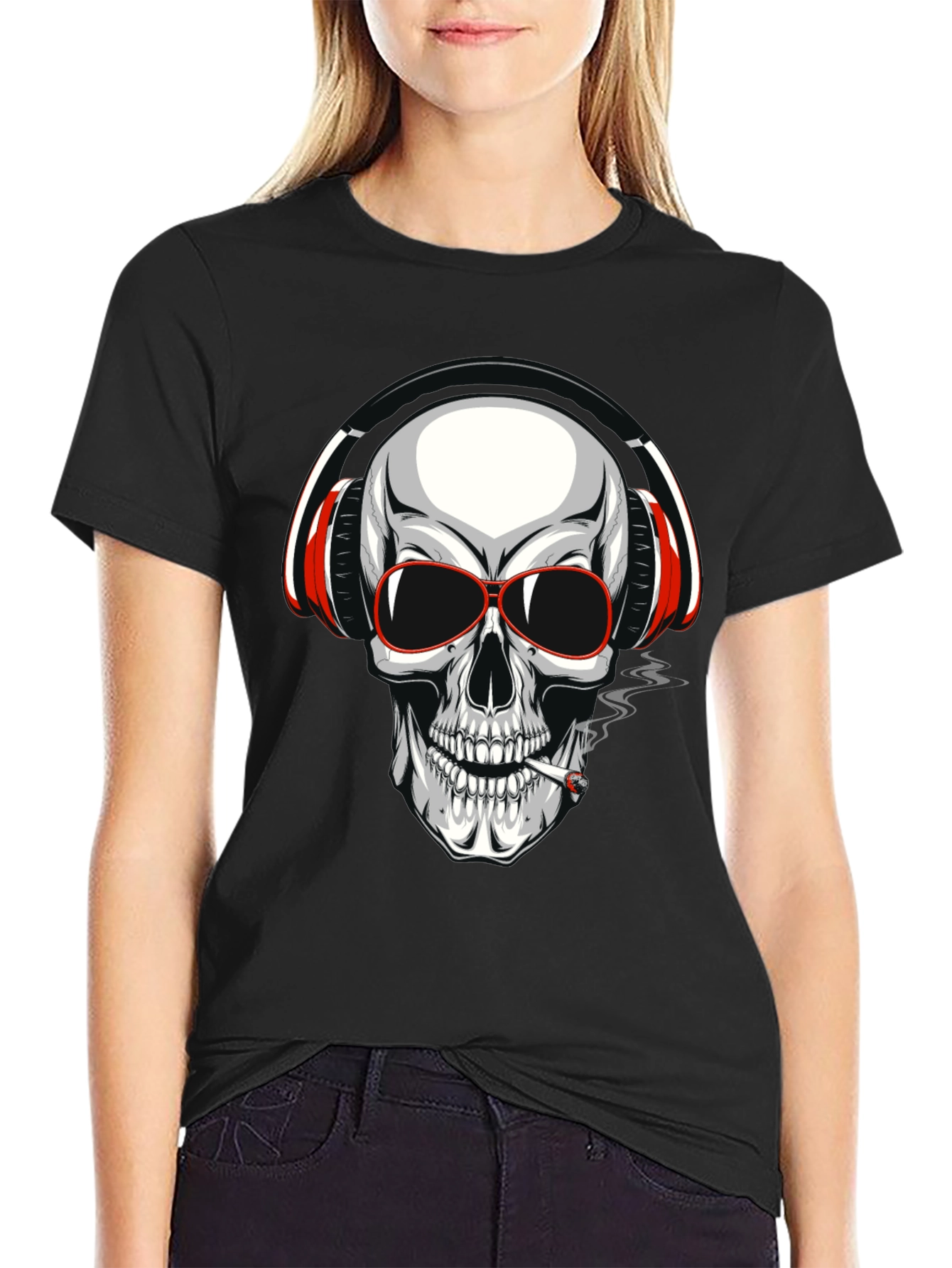 Black Skull with Headphones Graphic T-Shirt view 2