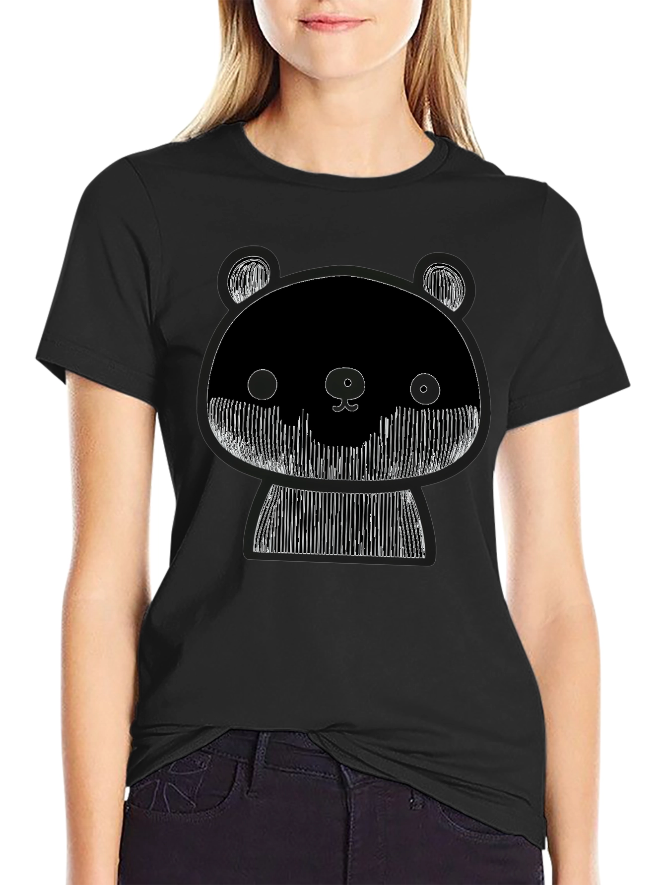 Black Graphic Black Tee: Abstract Panda Design view 2