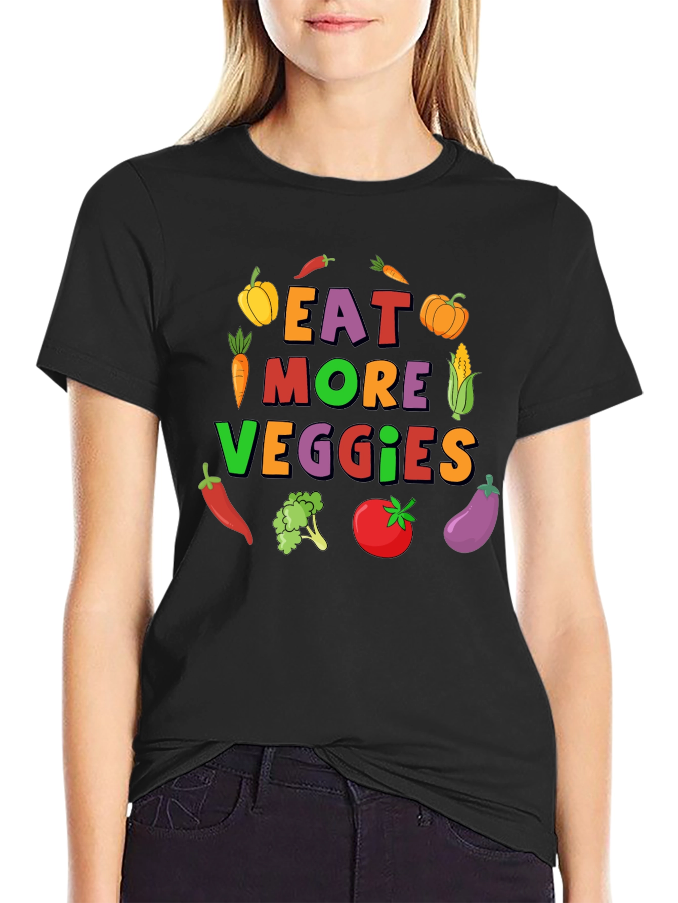 Black Eat More Veggies T-Shirt:  Colorful Graphic Tee view 2