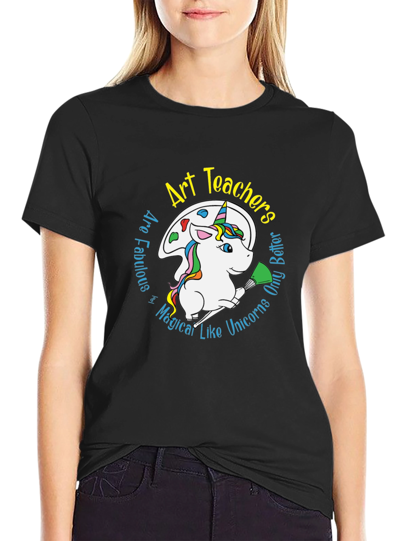 Black Art Teachers Unicorn Graphic T-Shirt - Black Cotton Blend view 2