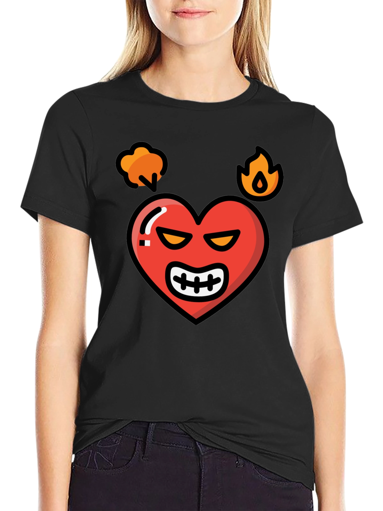 Black Angry Heart Graphic Tee - Black Cotton Blend Shirt view 2