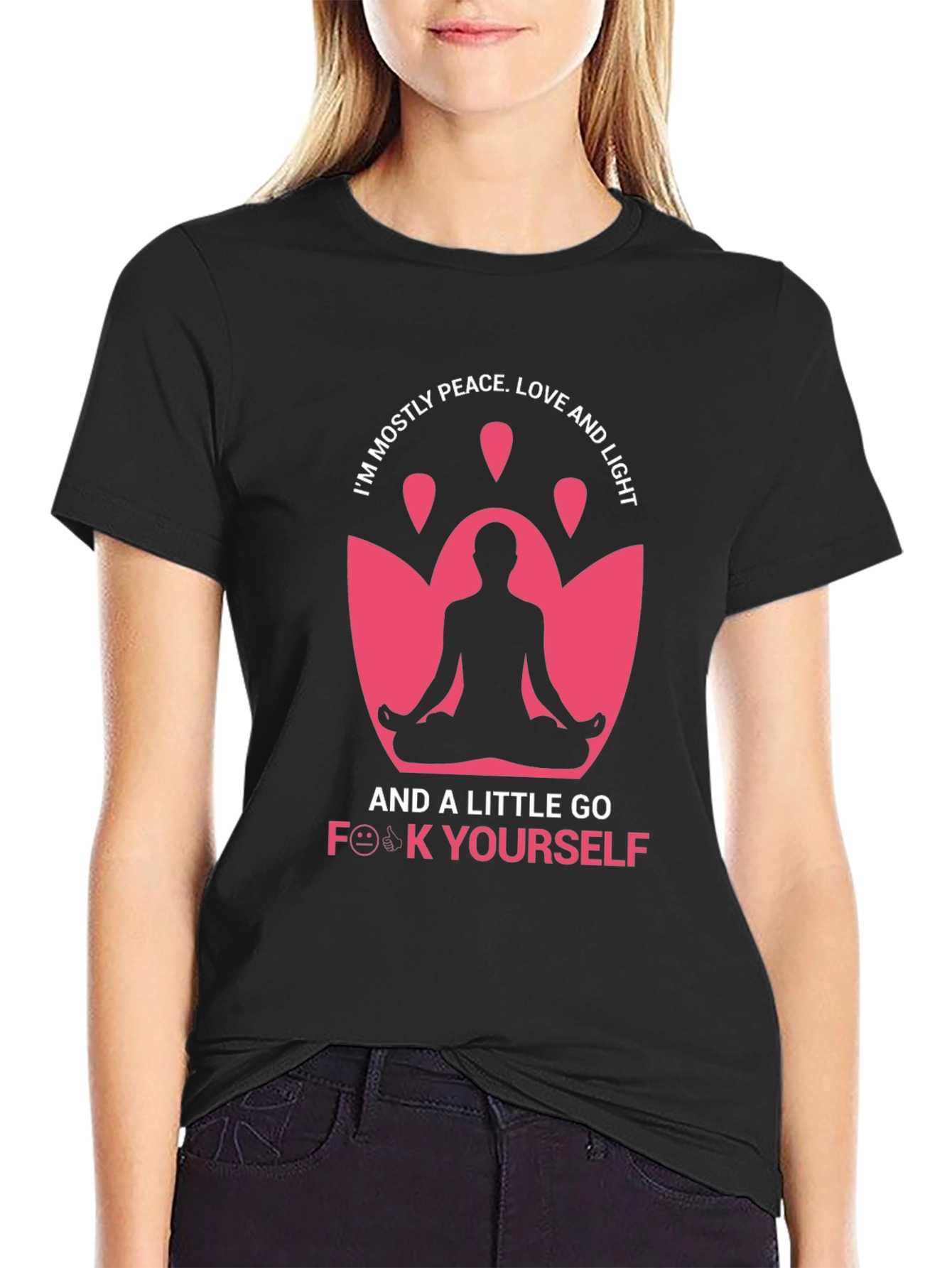 Black Funny Yoga T-Shirt: Peace, Love & Go F**k Yourself view 2
