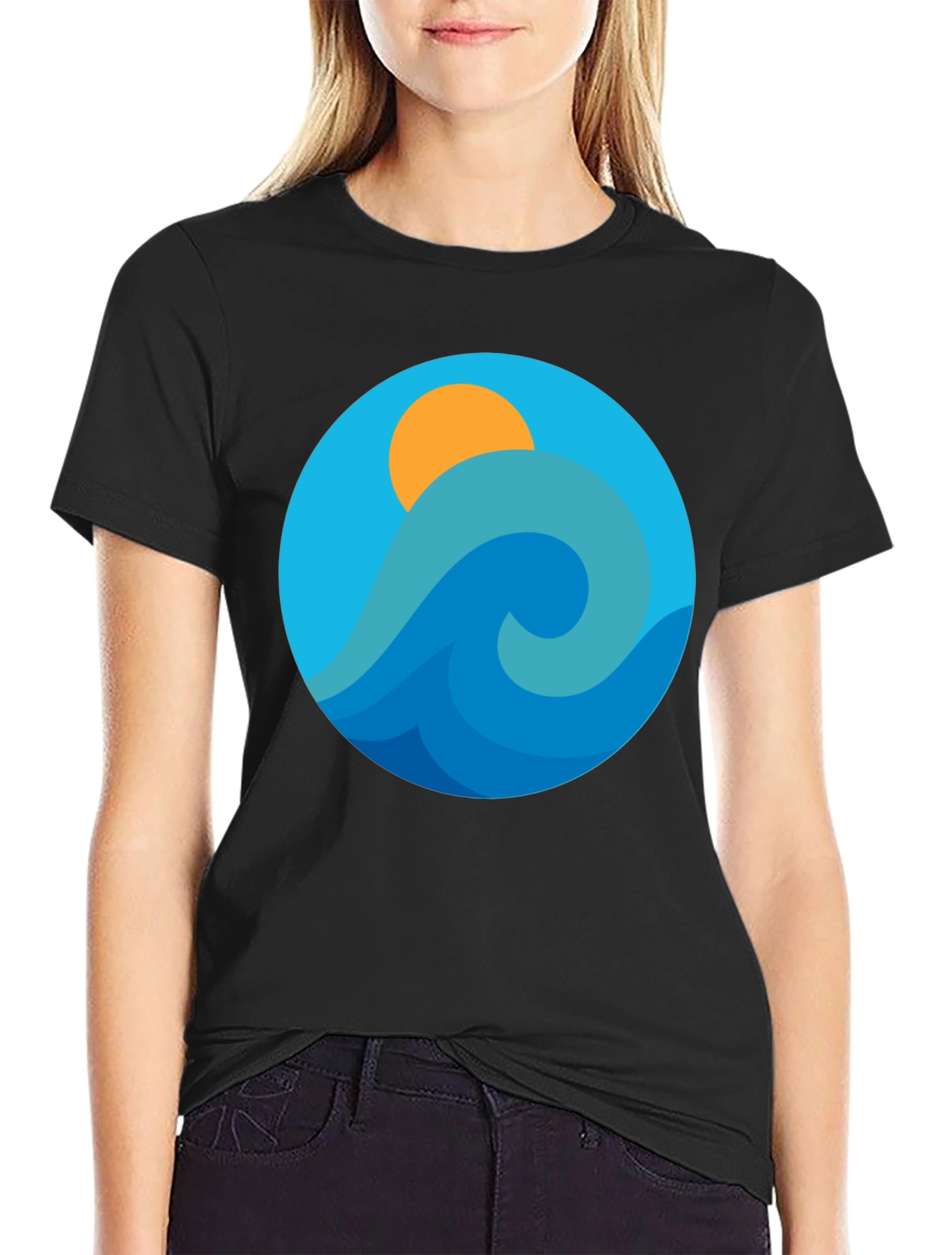 Black Ocean Wave Graphic Tee - Black Cotton Blend T-Shirt view 2