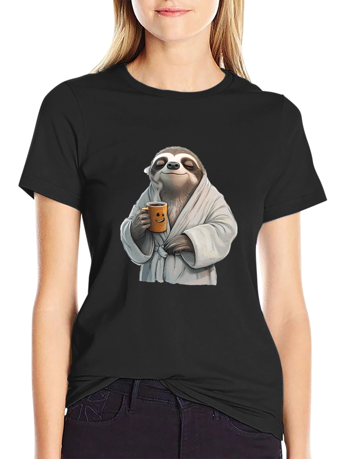 Black Relaxed Sloth Black T-Shirt - Coffee Time! view 2