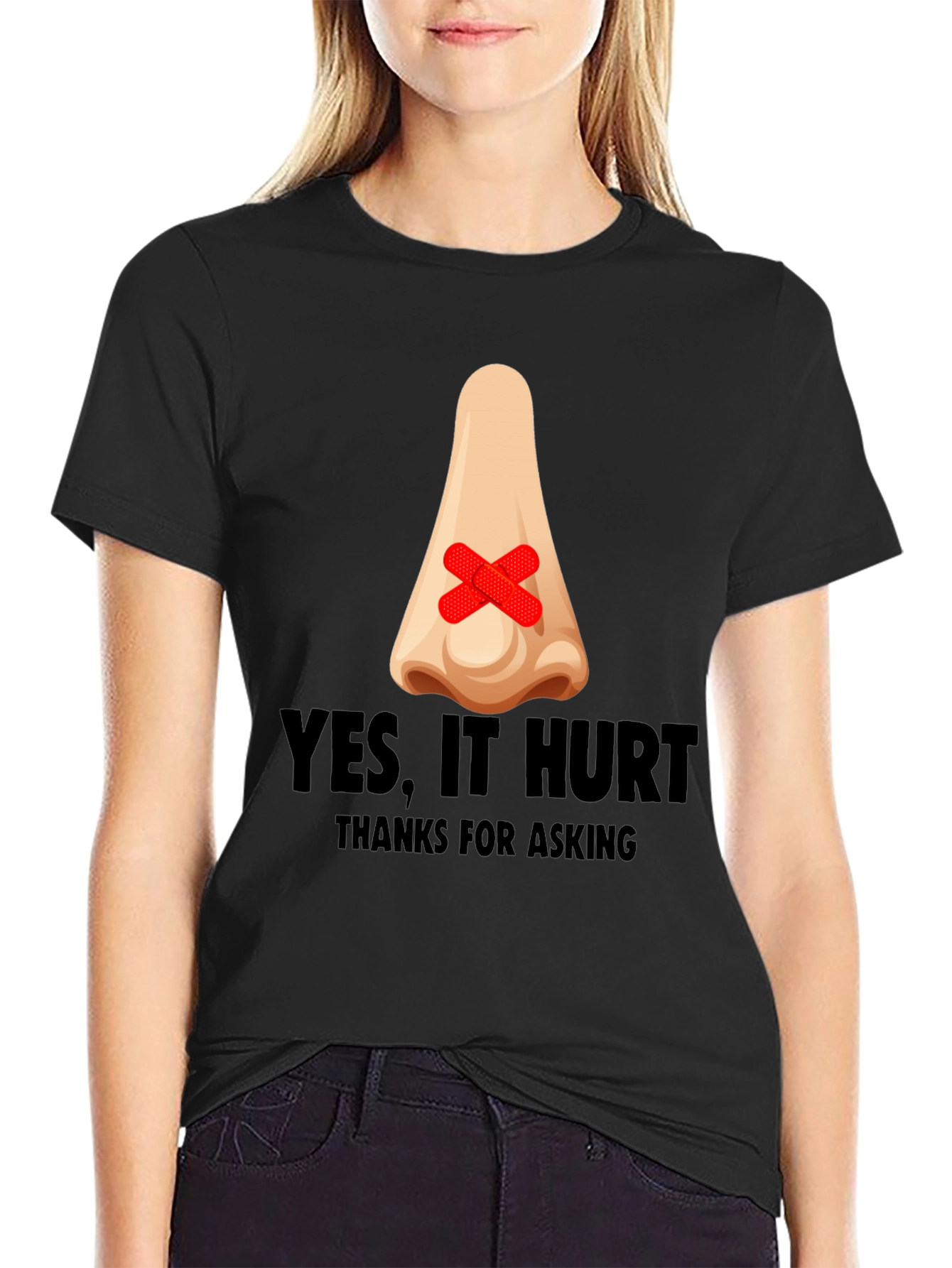 Black Humorous "Yes, It Hurt" Nose Patch T-Shirt view 2