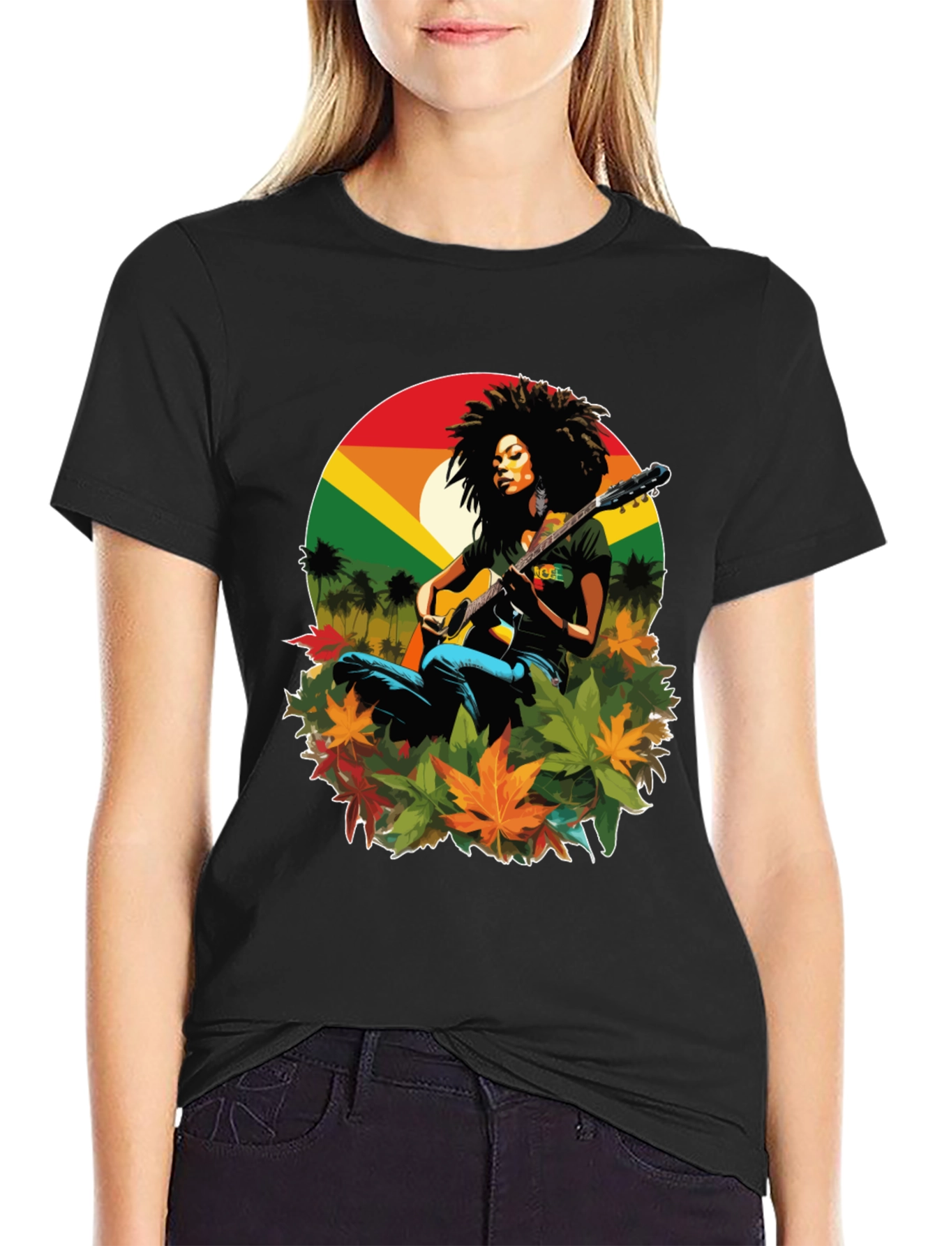Black Rasta Woman Guitar Graphic Tee view 2