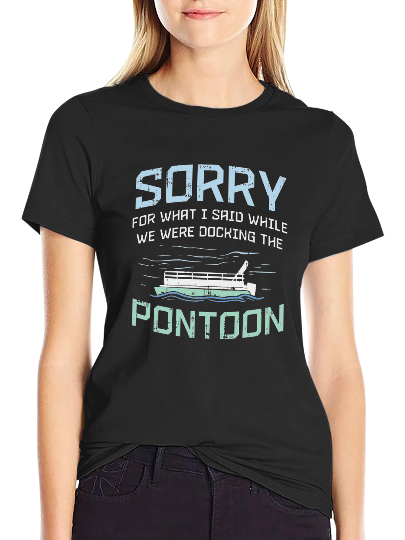 Black Funny Pontoon T-Shirt - Docking Apology Tee view 2