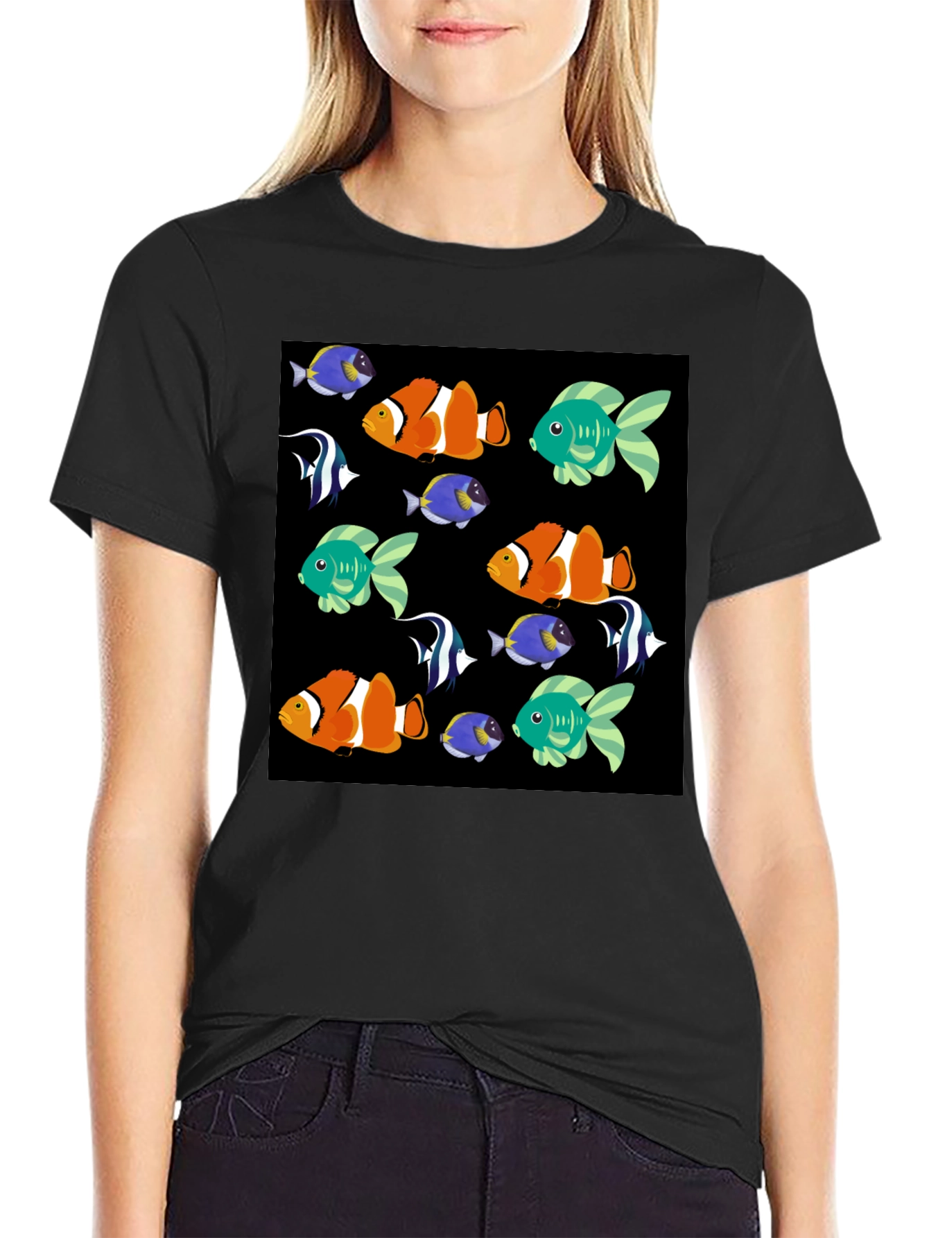 Black Fun Fish Pattern Black T-Shirt view 2