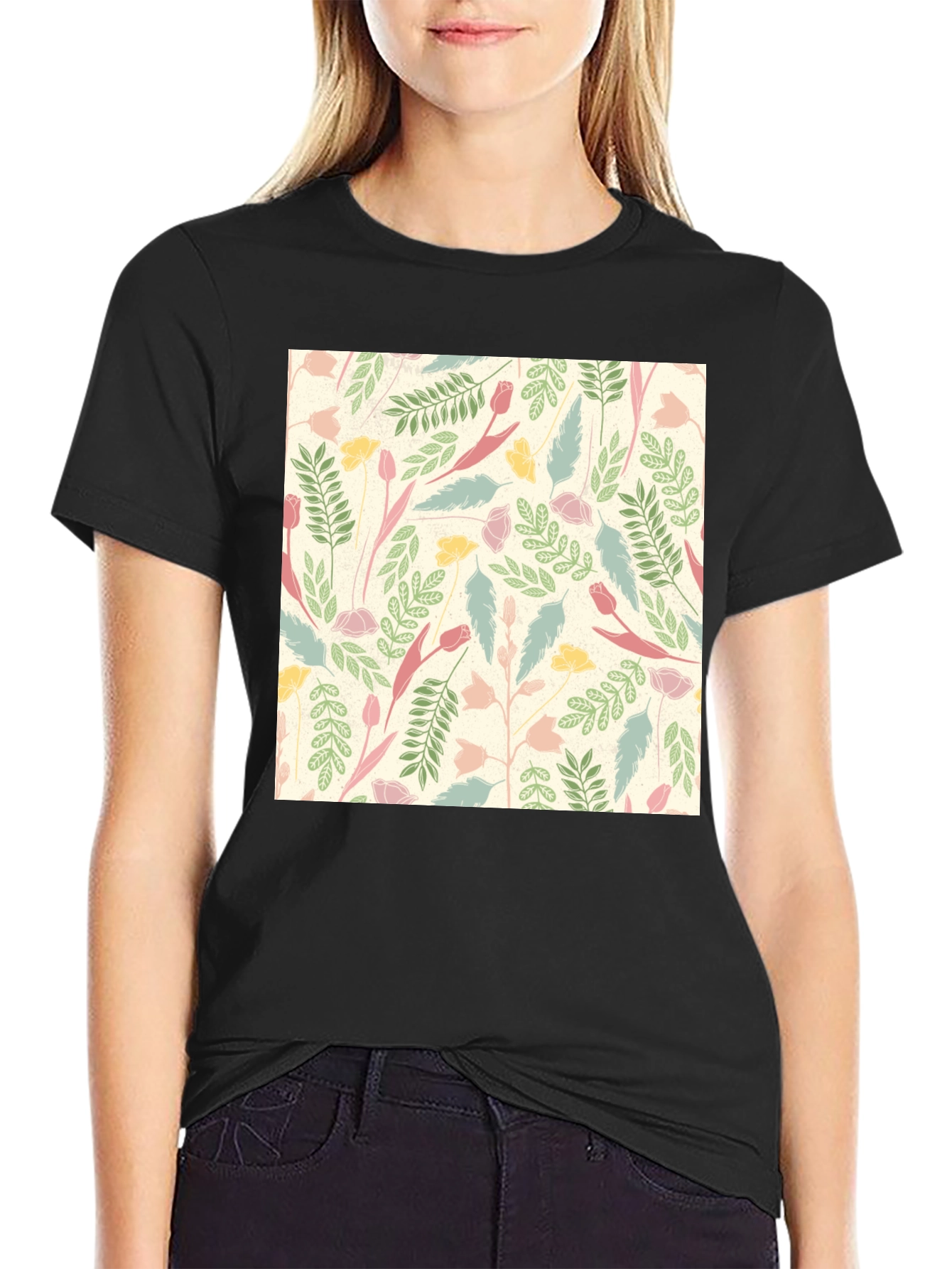 Black Floral Print Crew Neck T-Shirt view 2